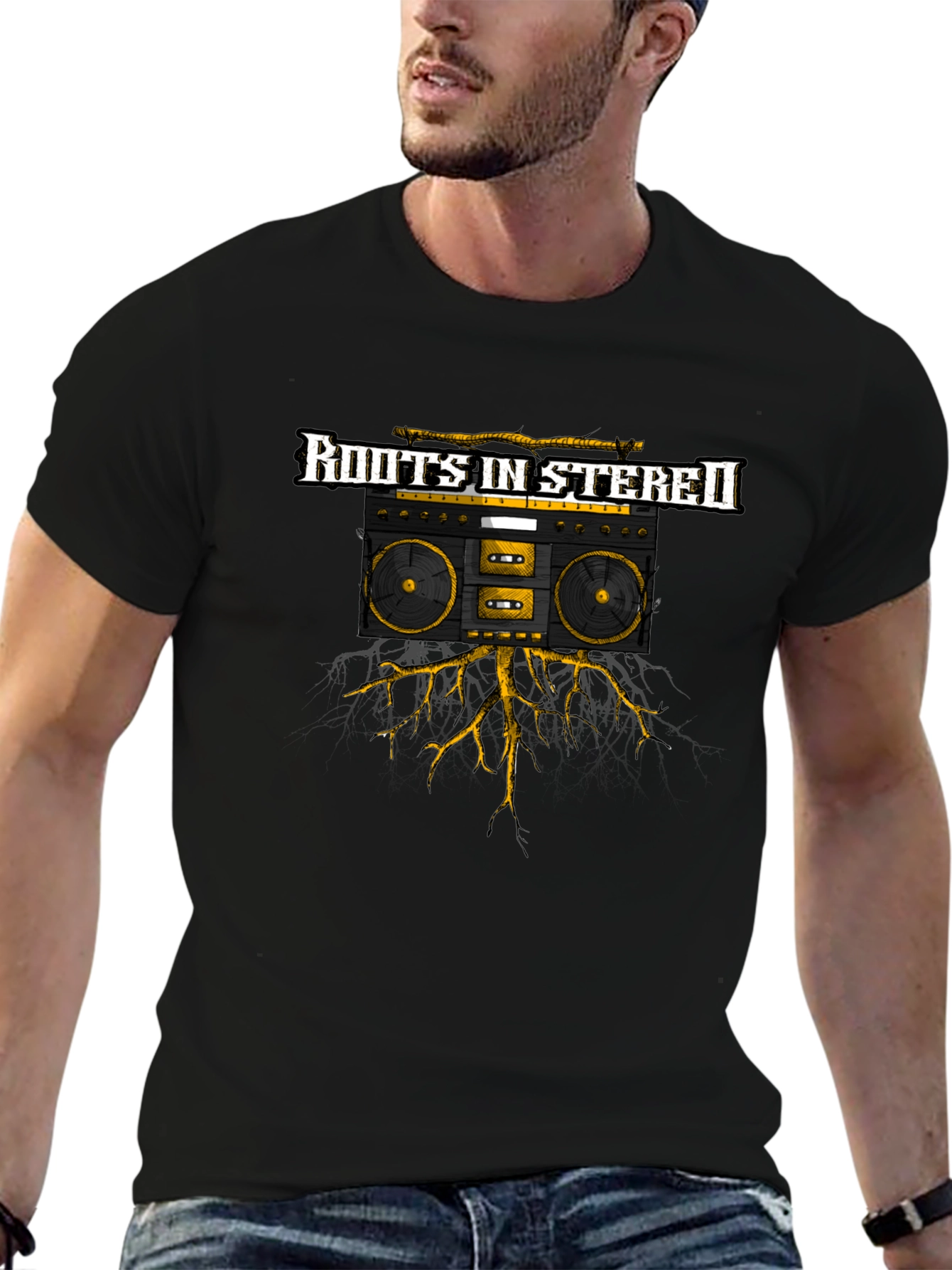 Black Roots in Stereo Black Graphic Tee - Cool Boombox Design view 6