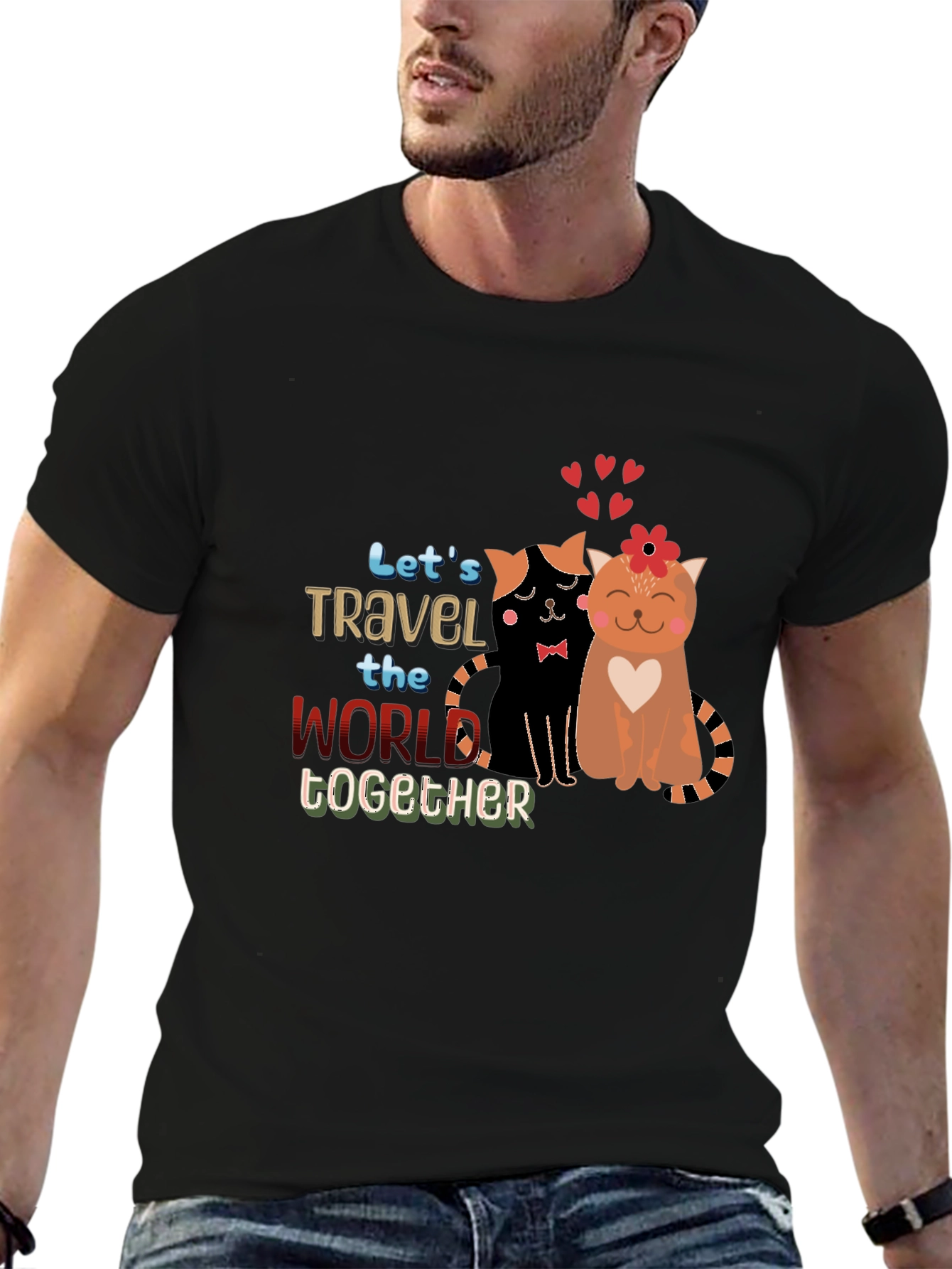 Black Cute Couple Cats Travel Together Graphic Black T-Shirt view 6