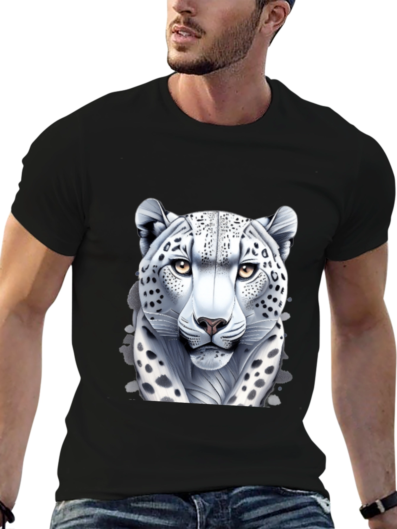 Black Snow Leopard Graphic Tee - Black Cotton Shirt view 6