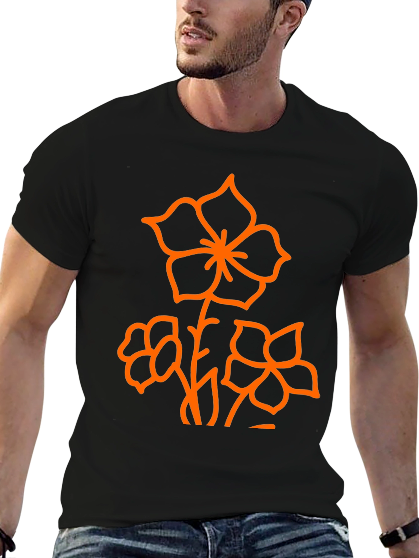 Black Black T-Shirt with Orange Floral Design view 6
