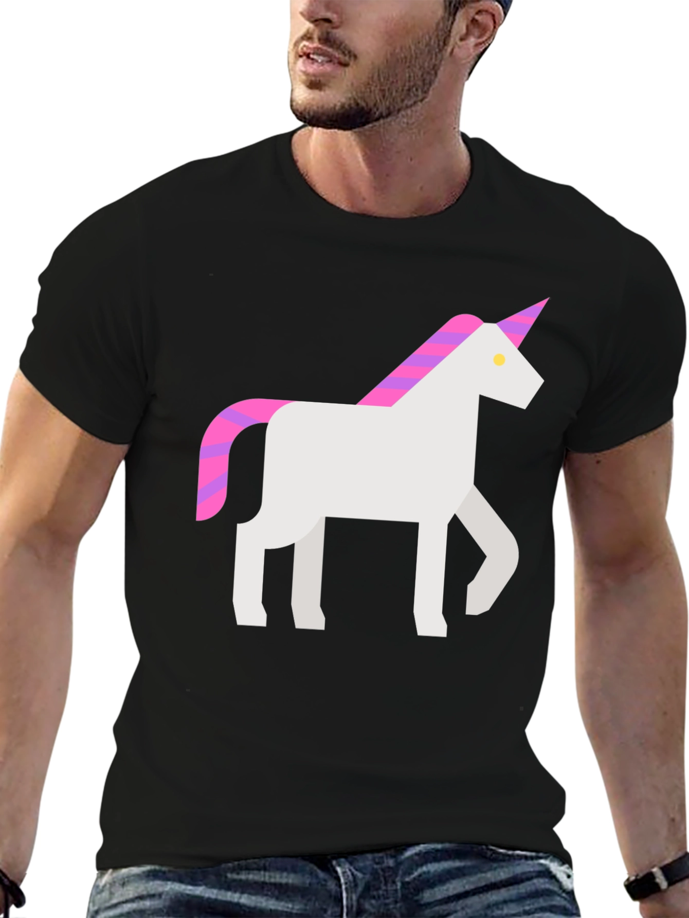 Black Geometric Unicorn Graphic Tee - Black Cotton T-Shirt view 6