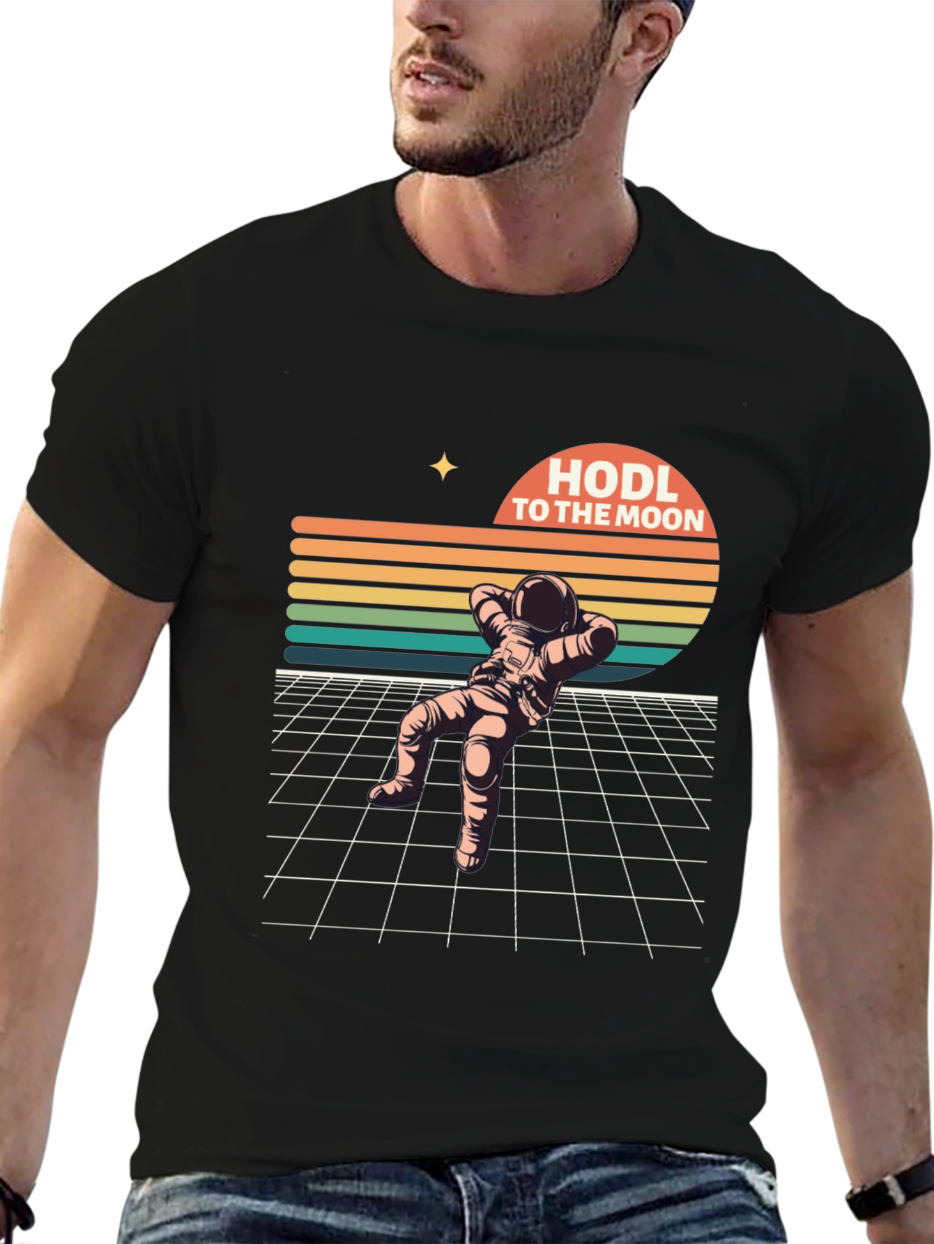 Black HODL To The Moon Retro Astronaut T-Shirt view 6
