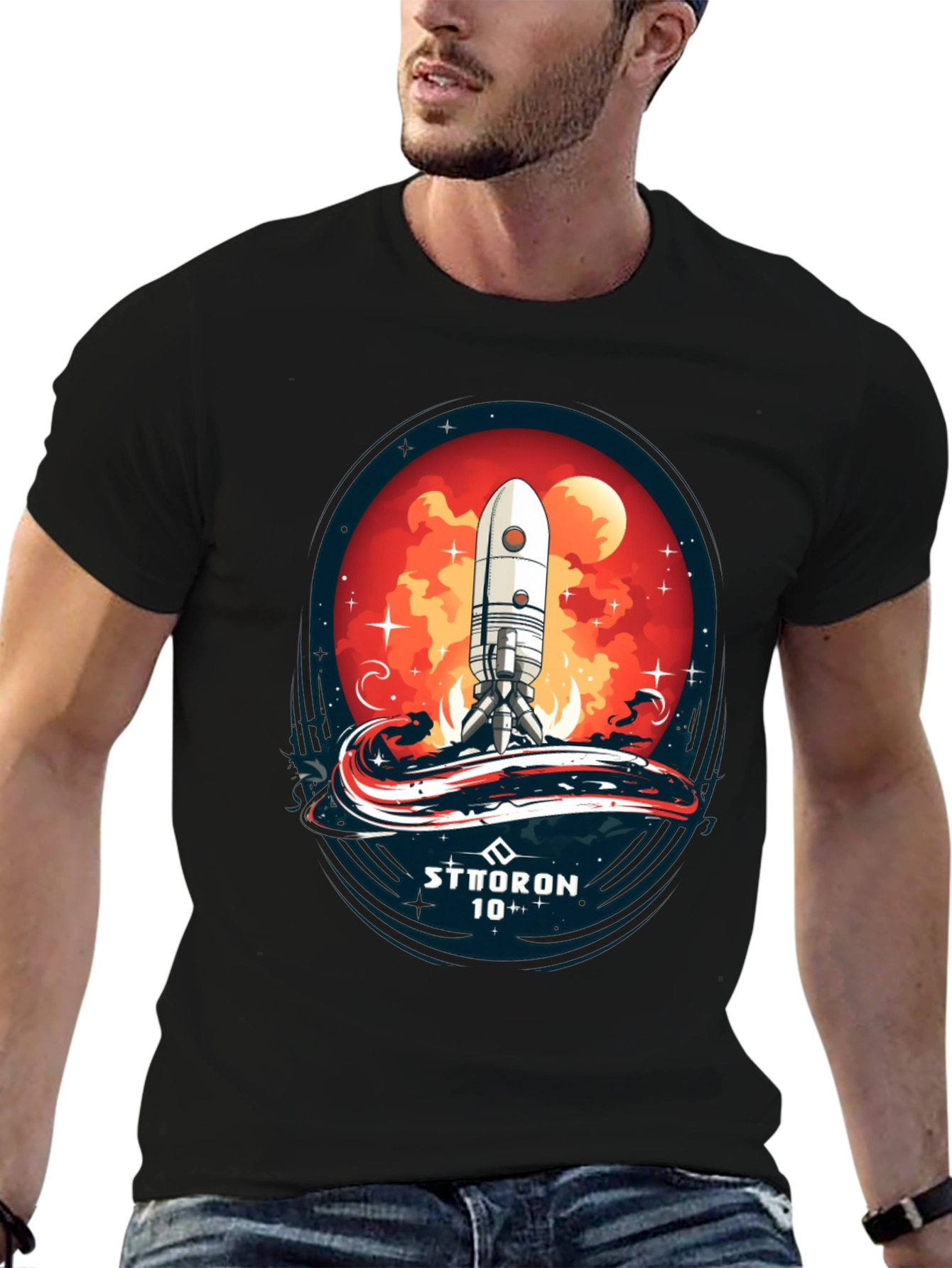 Black Sci-Fi Rocket Launch T-Shirt - Sttoron 10+ view 6