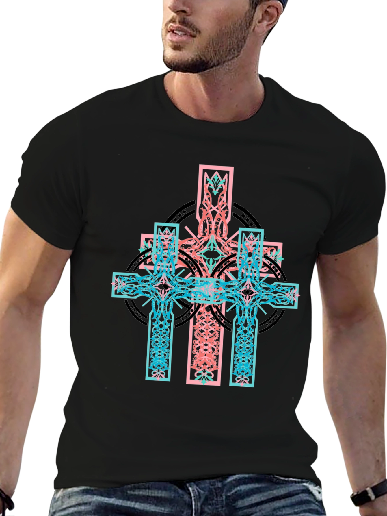 Black Celtic Cross Graphic Print Black T-Shirt view 6