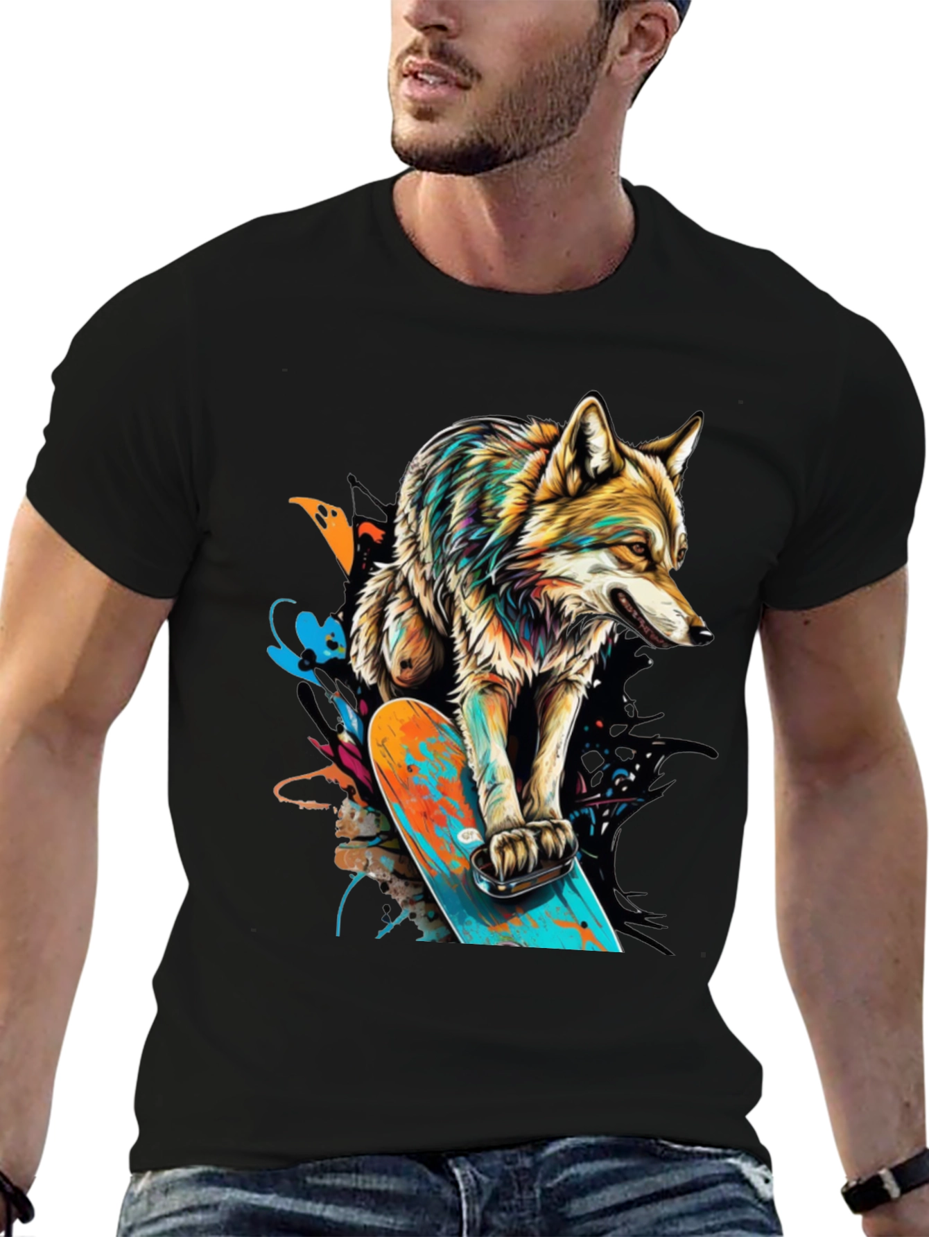 Black Wolf Skateboard Graphic T-Shirt - Urban Streetwear view 6