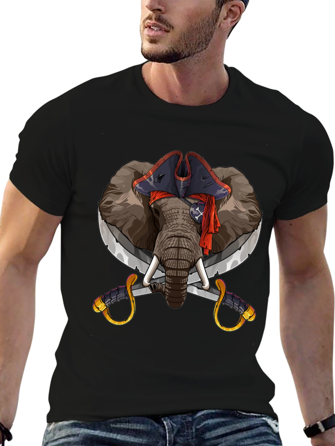 Black Pirate Elephant Graphic Tee - Black Cotton T-Shirt view 6