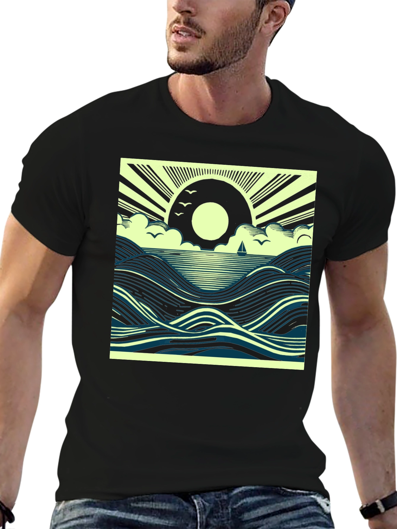 Black Ocean Sunrise Graphic Tee - Black Cotton T-Shirt view 6