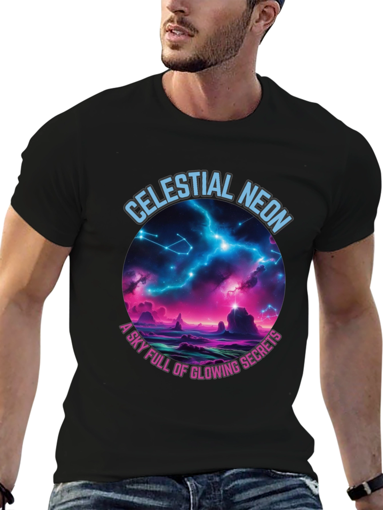 Black Celestial Neon Graphic T-Shirt view 6