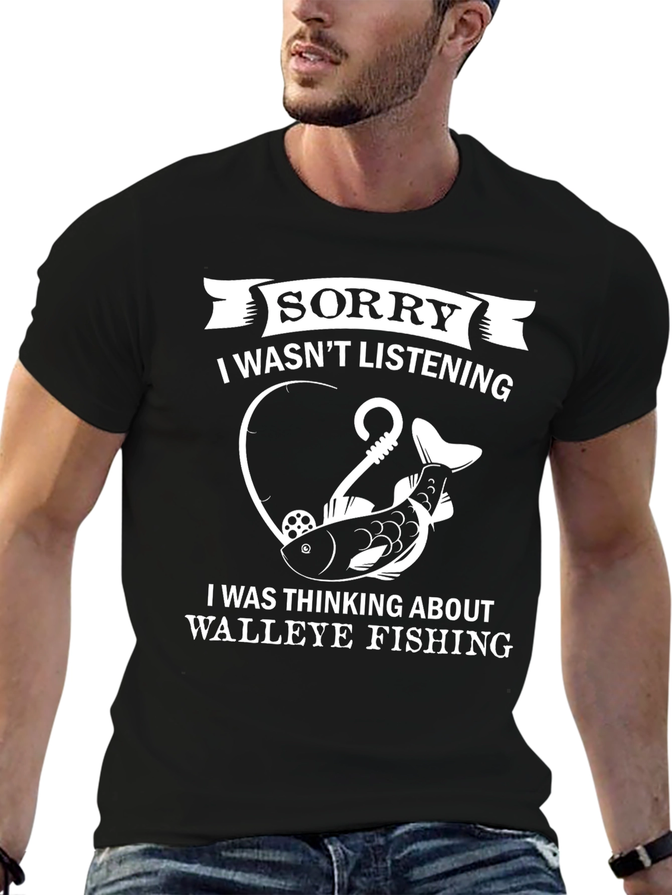 Black Funny Fishing T-Shirt - Sorry I Wasn't Listening view 6
