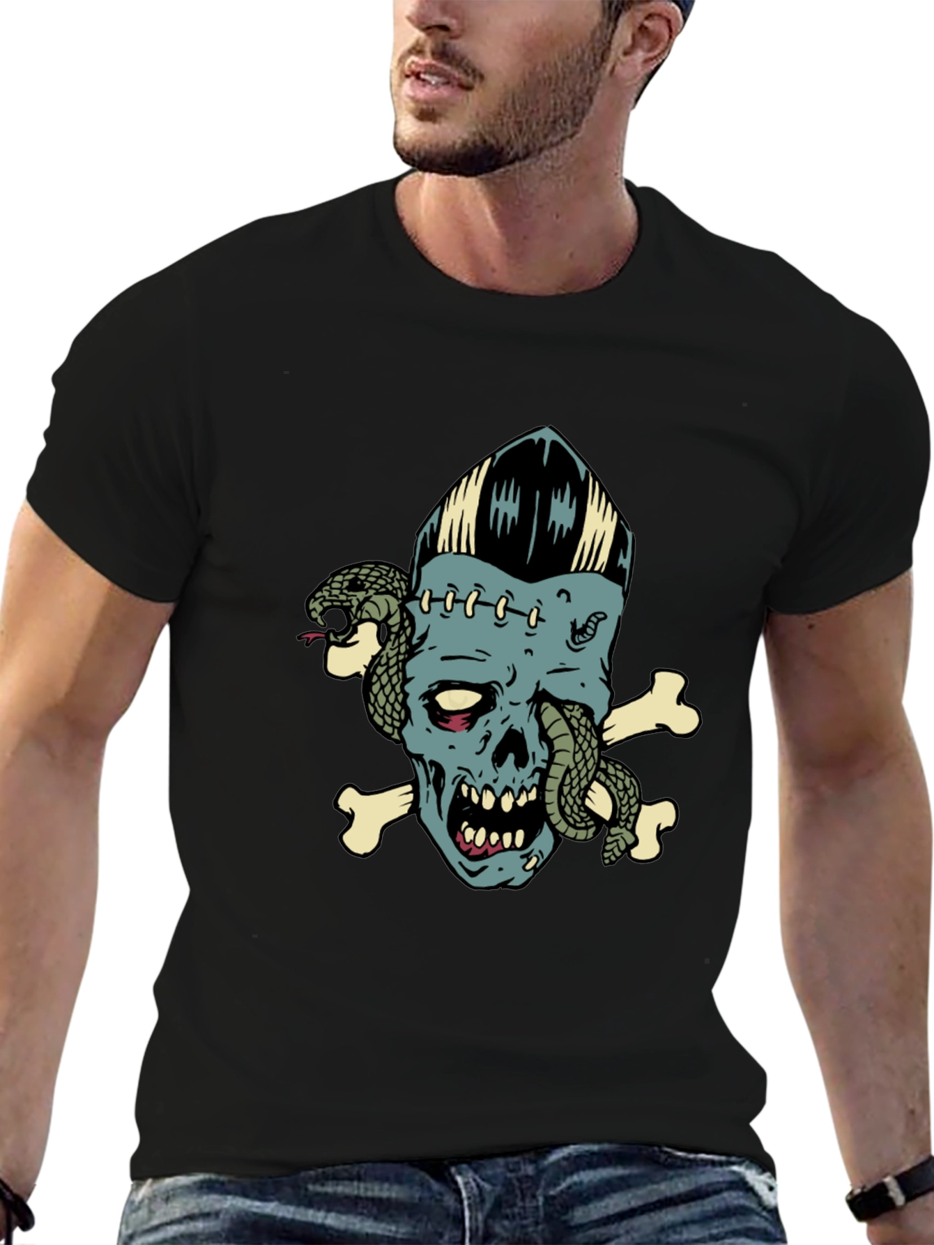 Black Skull & Snake Graphic Tee - Men's Black T-Shirt view 6