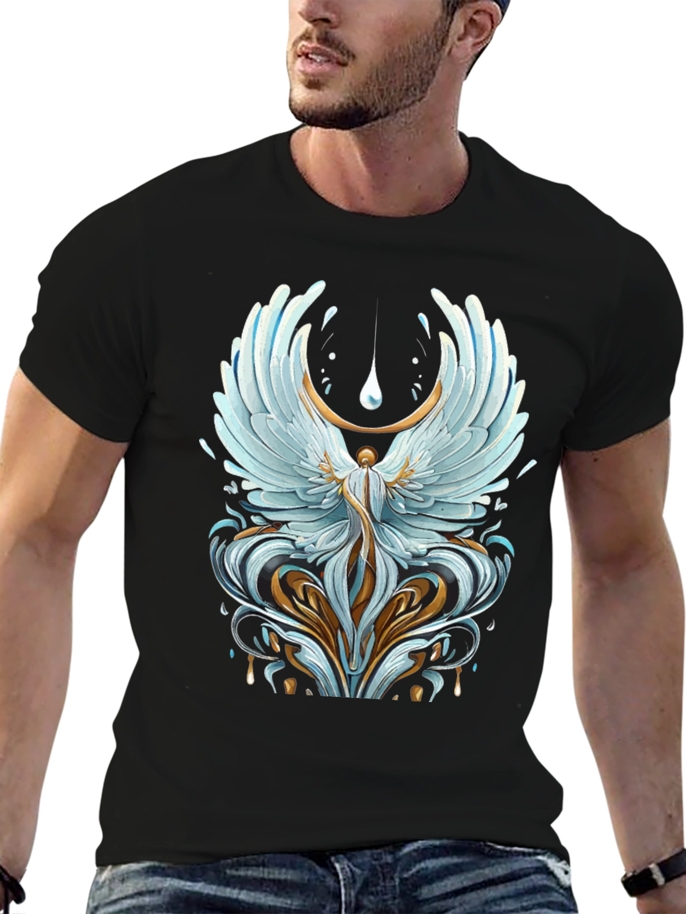 Black Winged Angel Graphic Print Black T-Shirt view 6