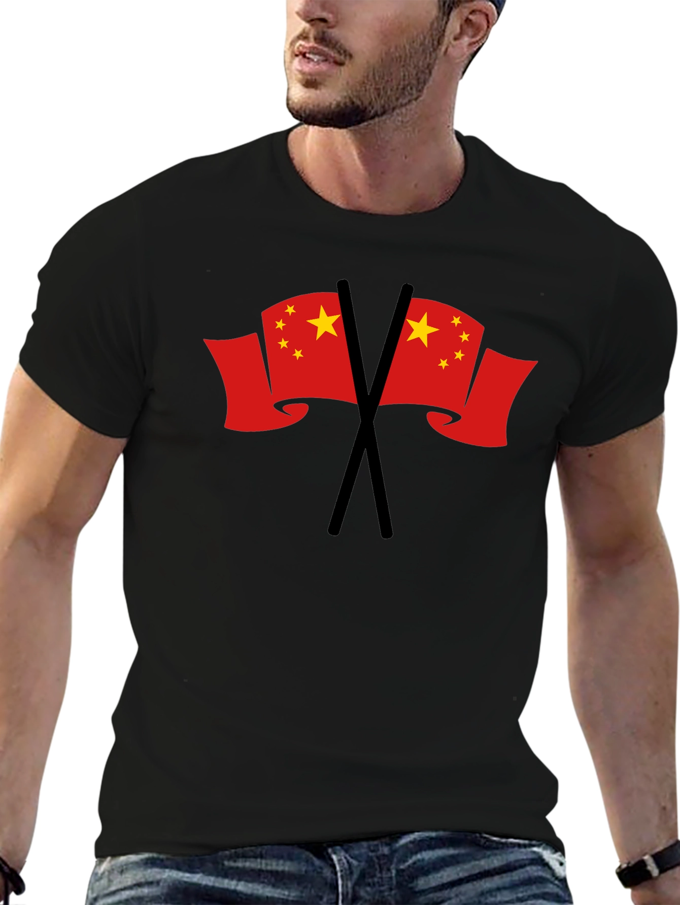 Black China Flag Graphic T-Shirt - Black Crew Neck Tee view 6