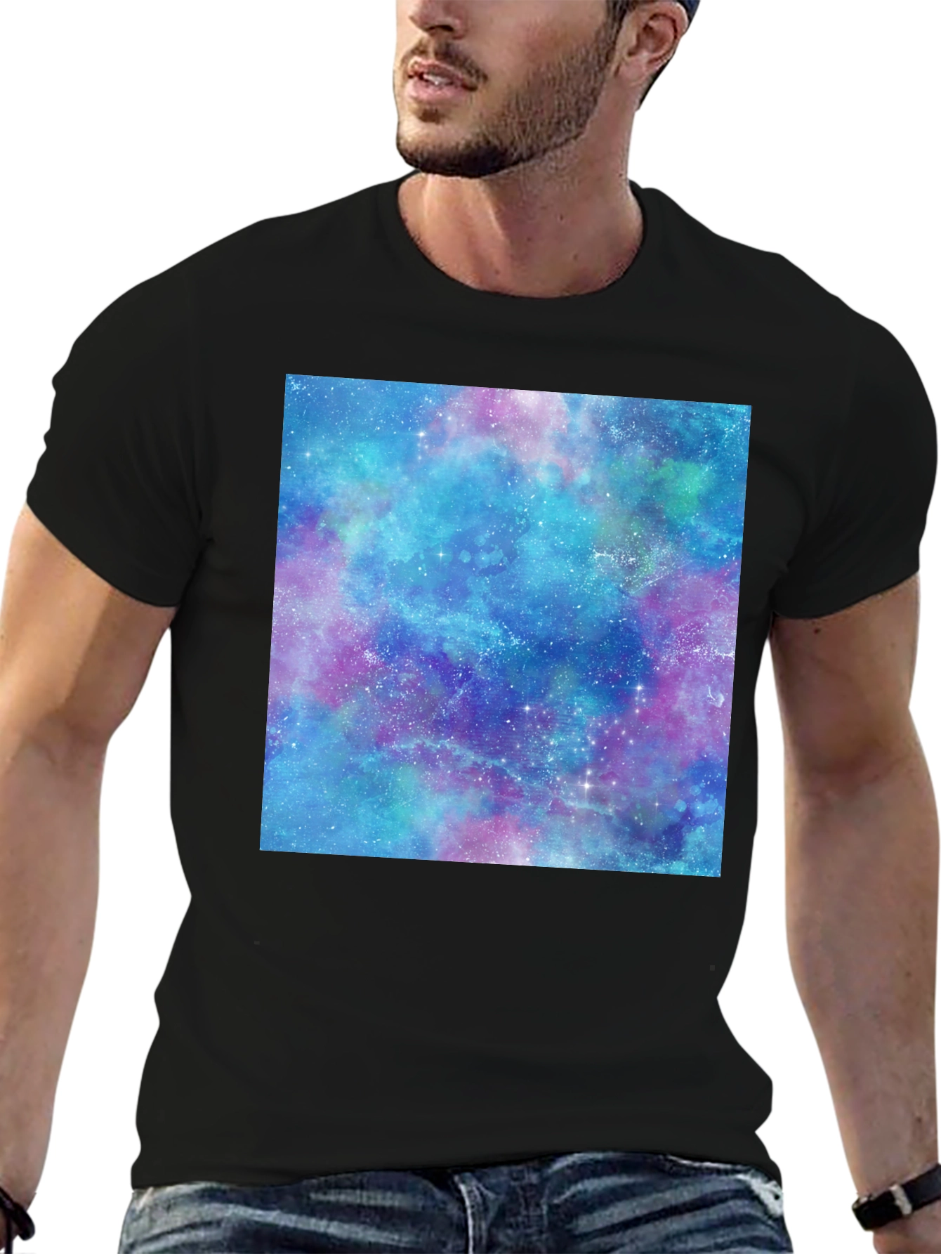 Black Galaxy Print T-Shirt - Black Cotton Casual Tee view 6
