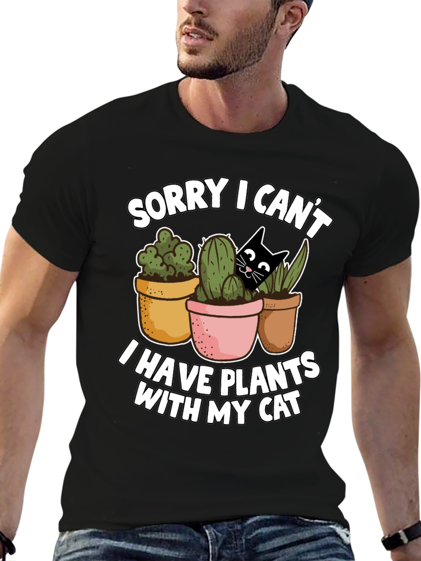 Black Funny Plants and Cat Graphic T-Shirt view 6