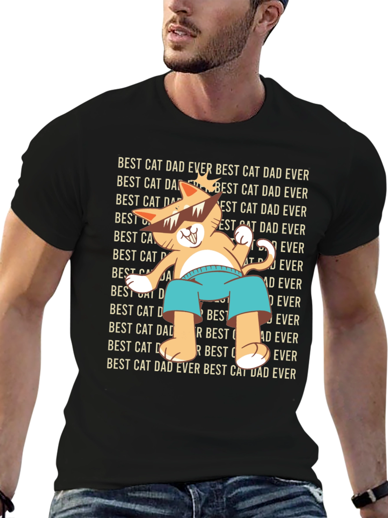 Black Best Cat Dad Ever T-Shirt - Cool Cat Design view 6