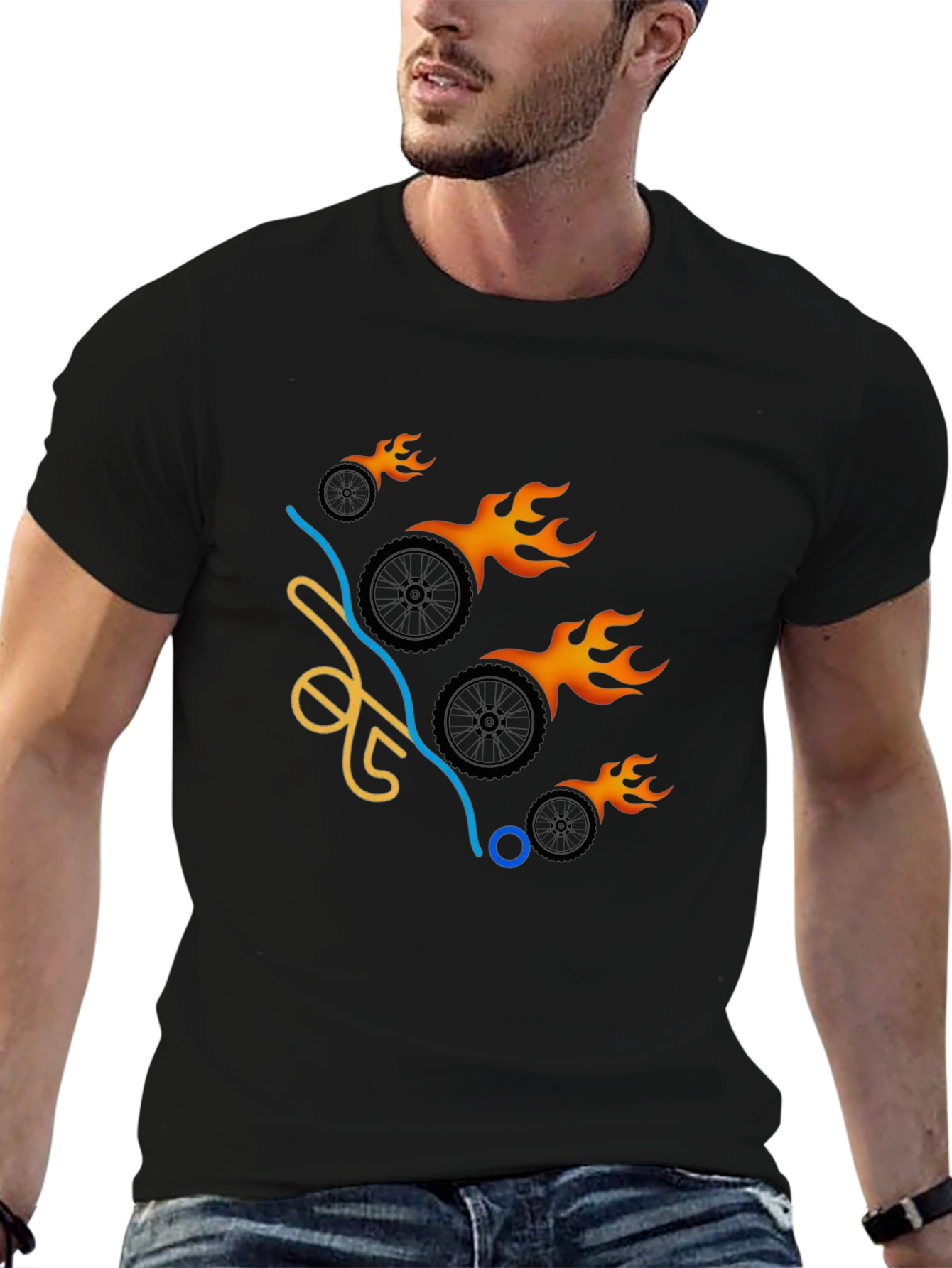 Black Flaming Wheels Graphic Tee - Cool & Casual view 6