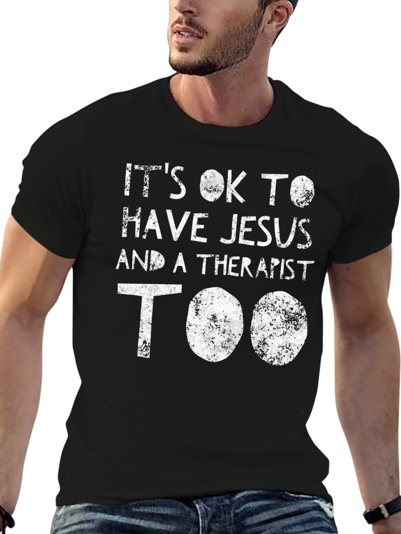 Black It's OK to Have Jesus and Therapist T-Shirt view 6