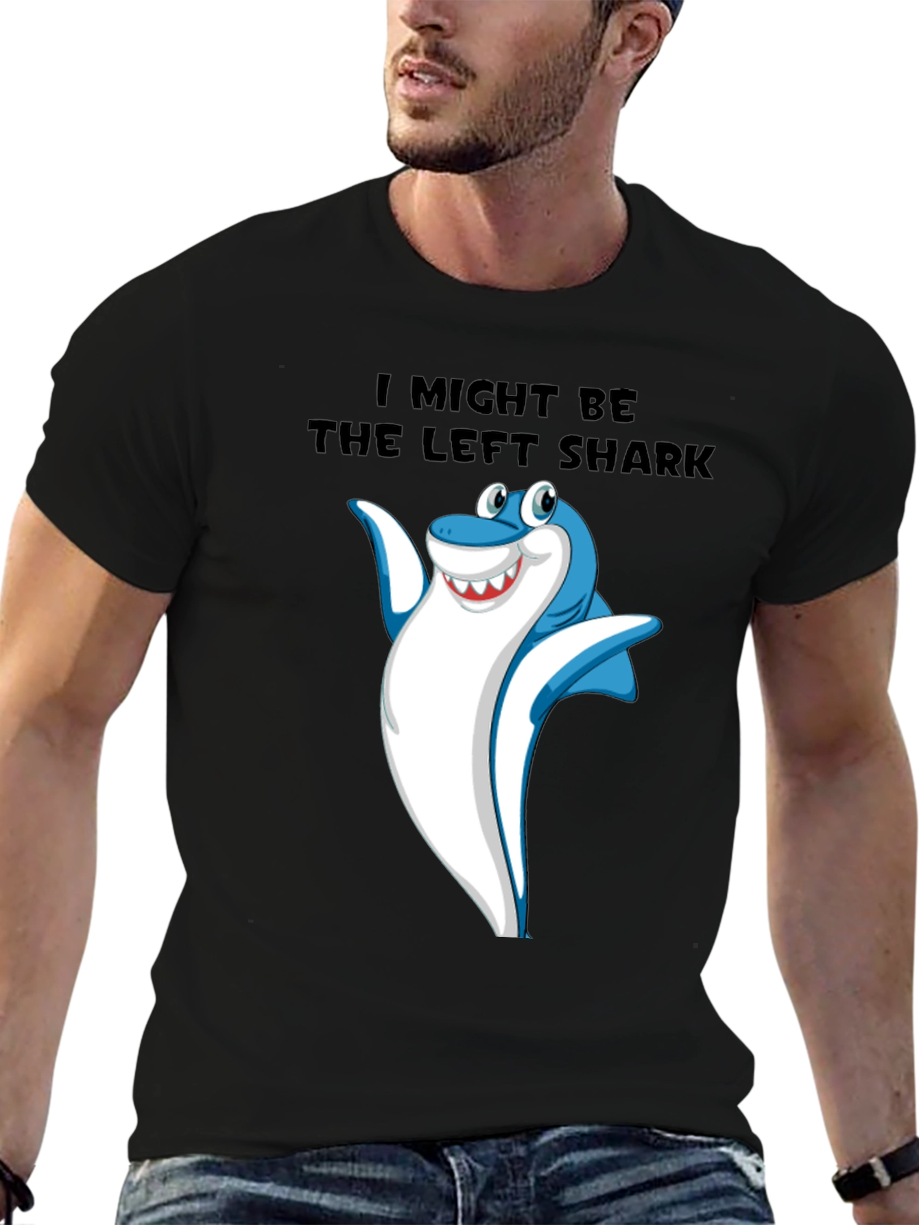 Black Funny Left Shark Graphic Tee - Men's Black T-Shirt view 6