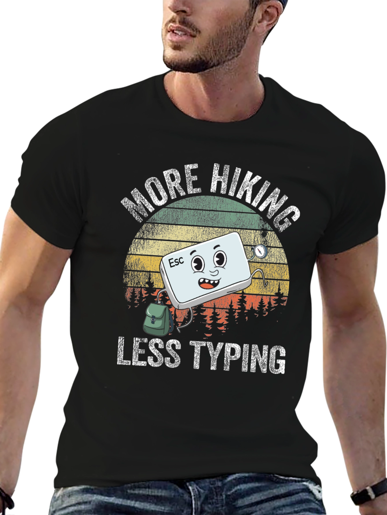 Black More Hiking Less Typing Graphic T-Shirt view 6