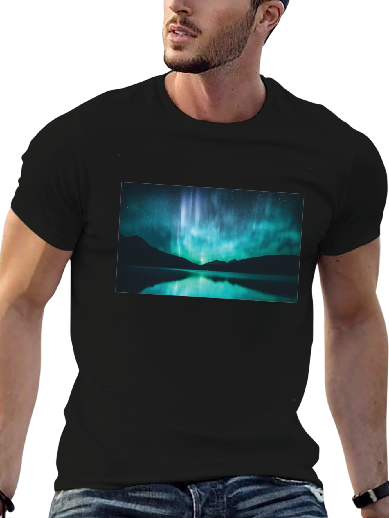 Black Aurora Borealis Graphic Tee - Midnight Lake view 6