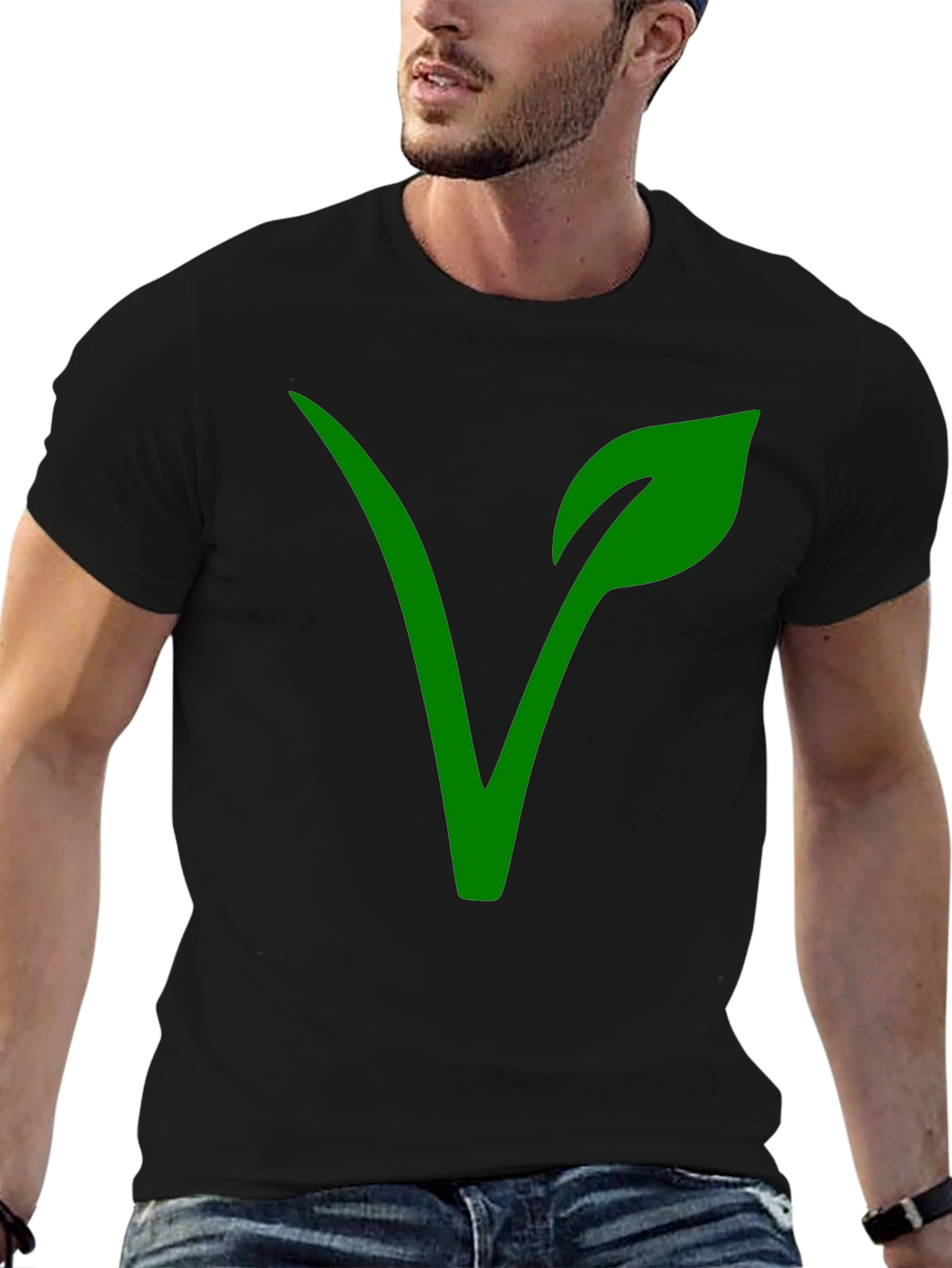 Black Vegan Symbol T-Shirt - Green on Black view 6