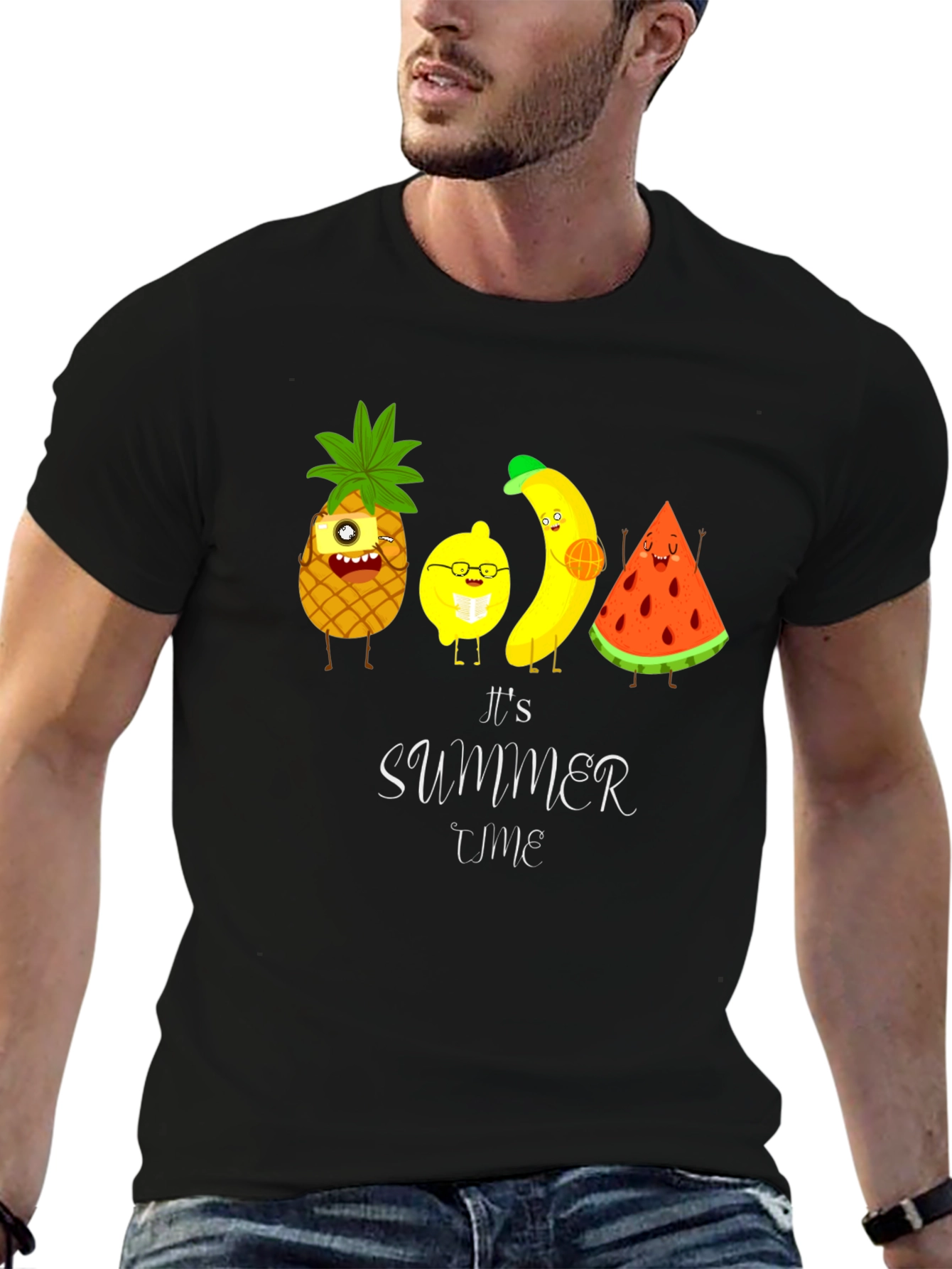 Black It's Summer Time Fruit Cartoon T-Shirt view 6