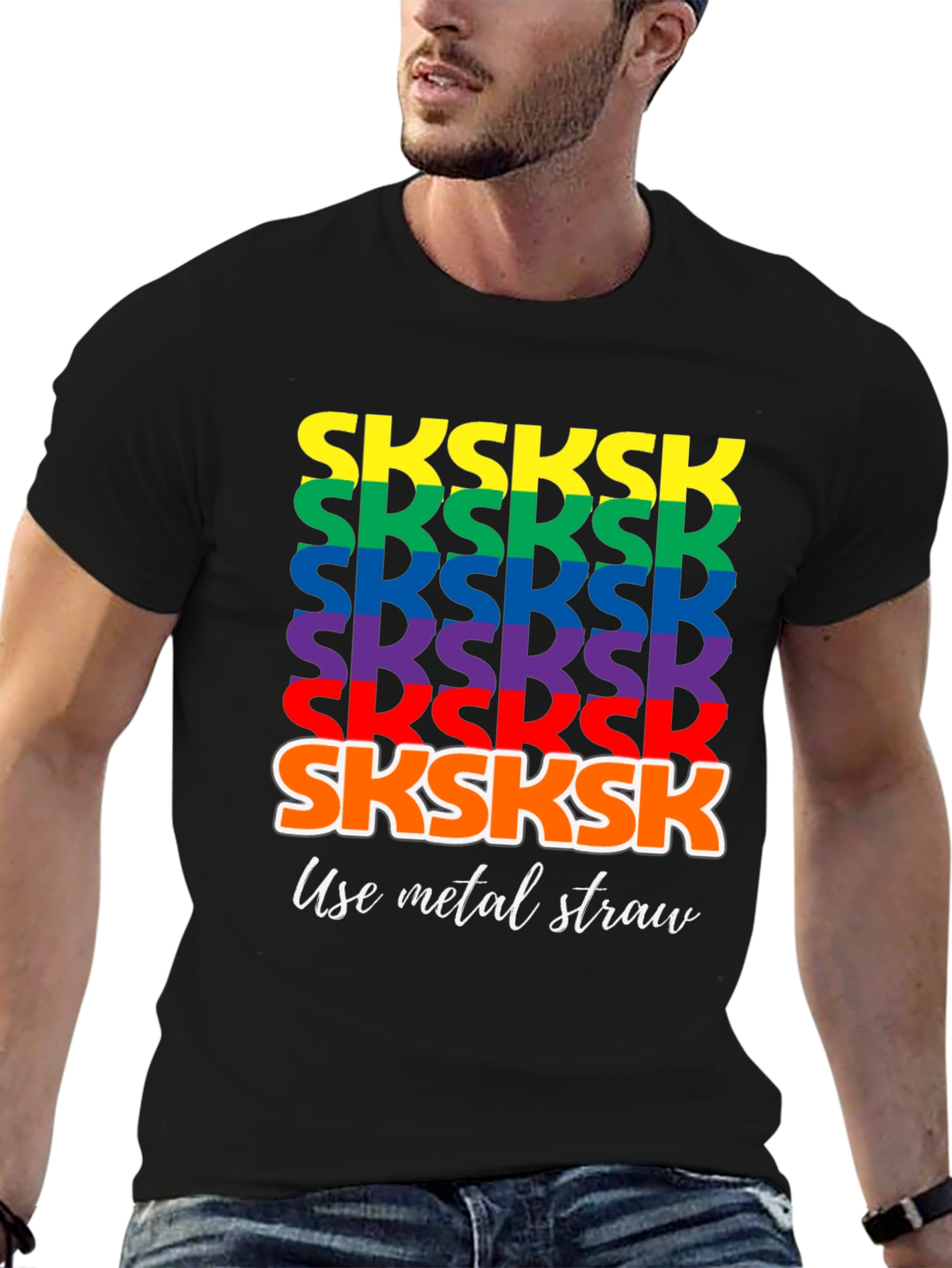 Black Rainbow SKSKSK Use Metal Straw Graphic T-Shirt view 6