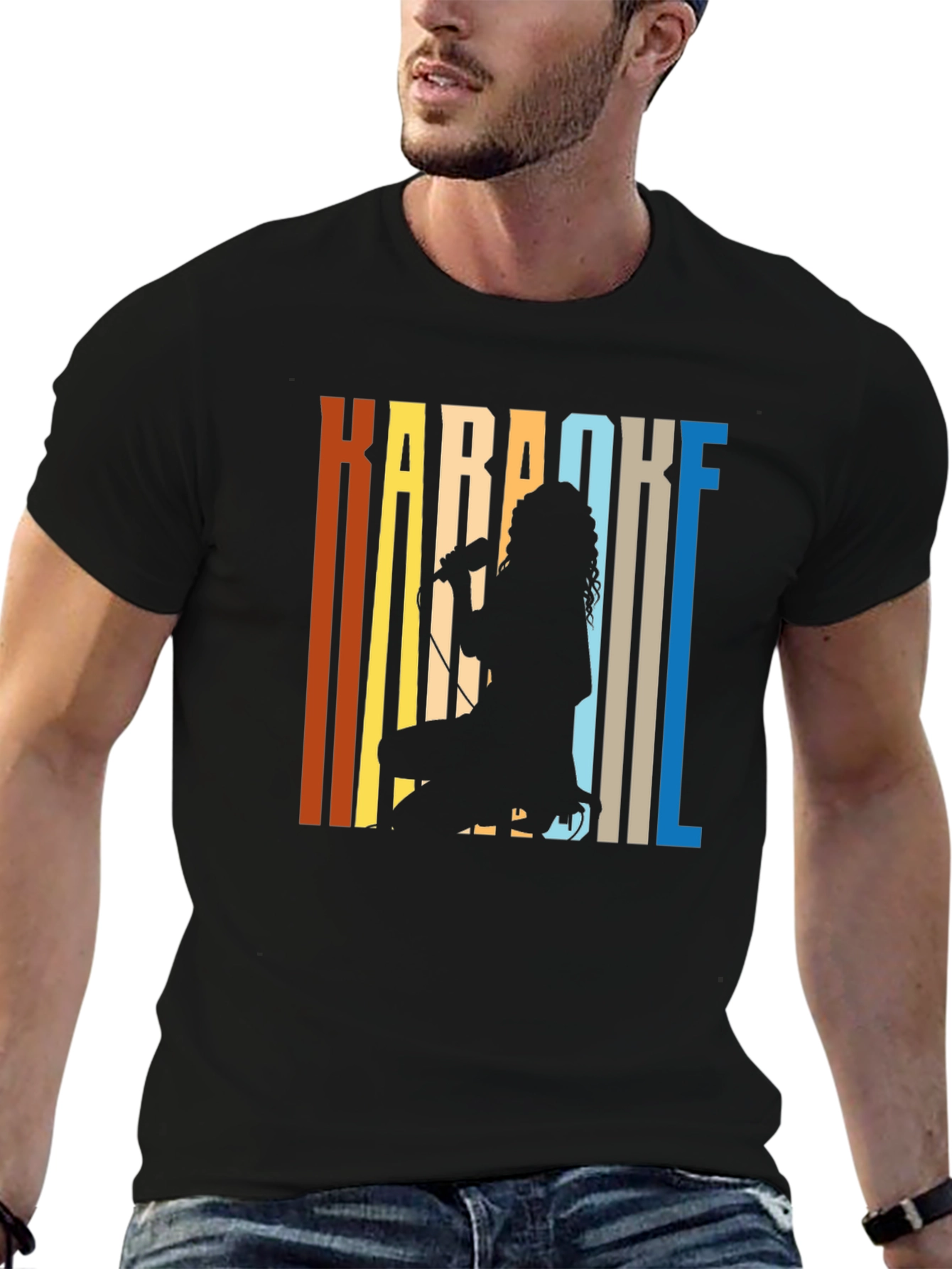 Black Karaoke Singer Silhouette Graphic Tee - Retro Style view 6