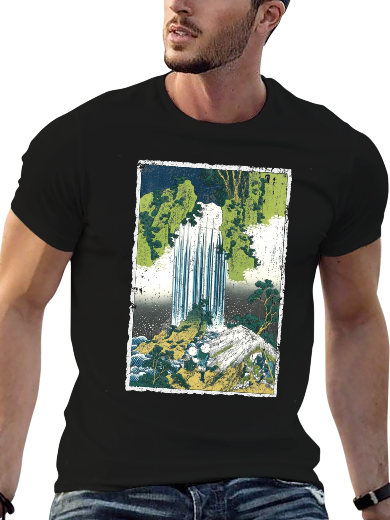 Black Waterfall Graphic Tee - Men's Black Cotton T-Shirt view 6