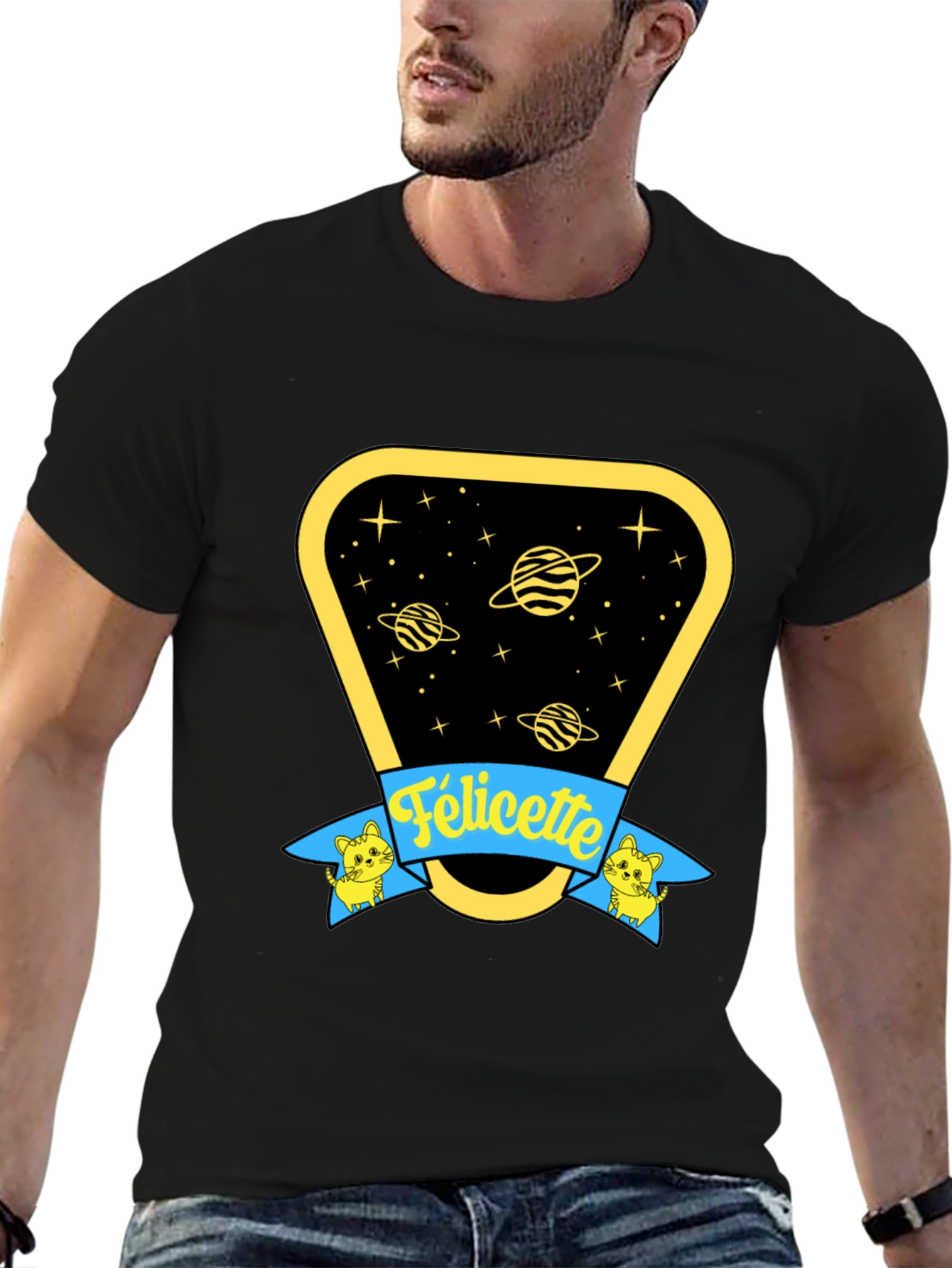 Black Felicette Cat Space T-Shirt - Unisex Cotton Tee view 6