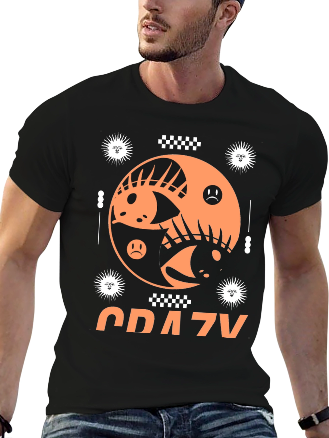 Black Crazy Graphic Tee - Black Cotton Blend T-Shirt view 6