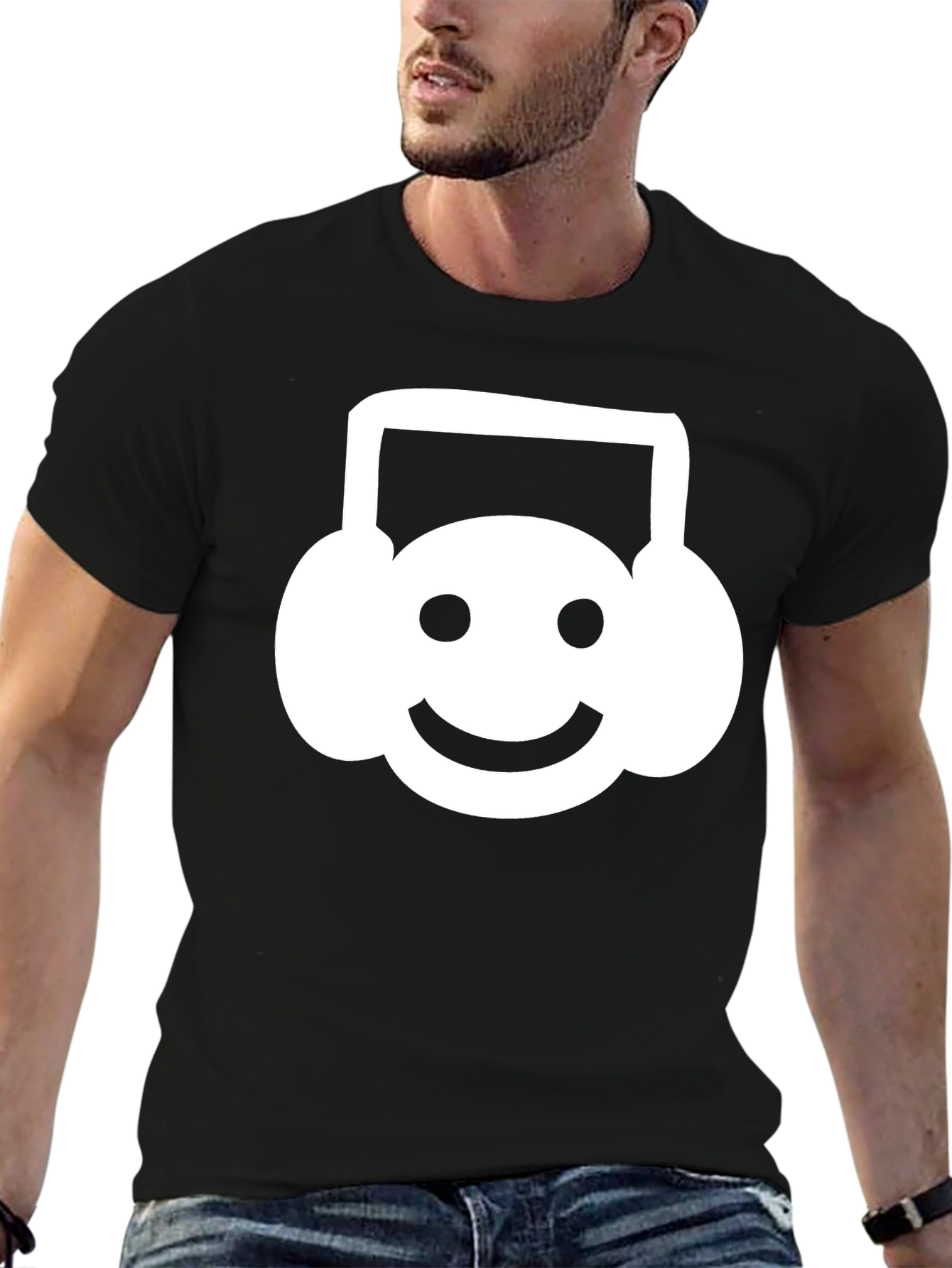 Black Smiley Headphone T-Shirt - Black Cotton Tee view 6
