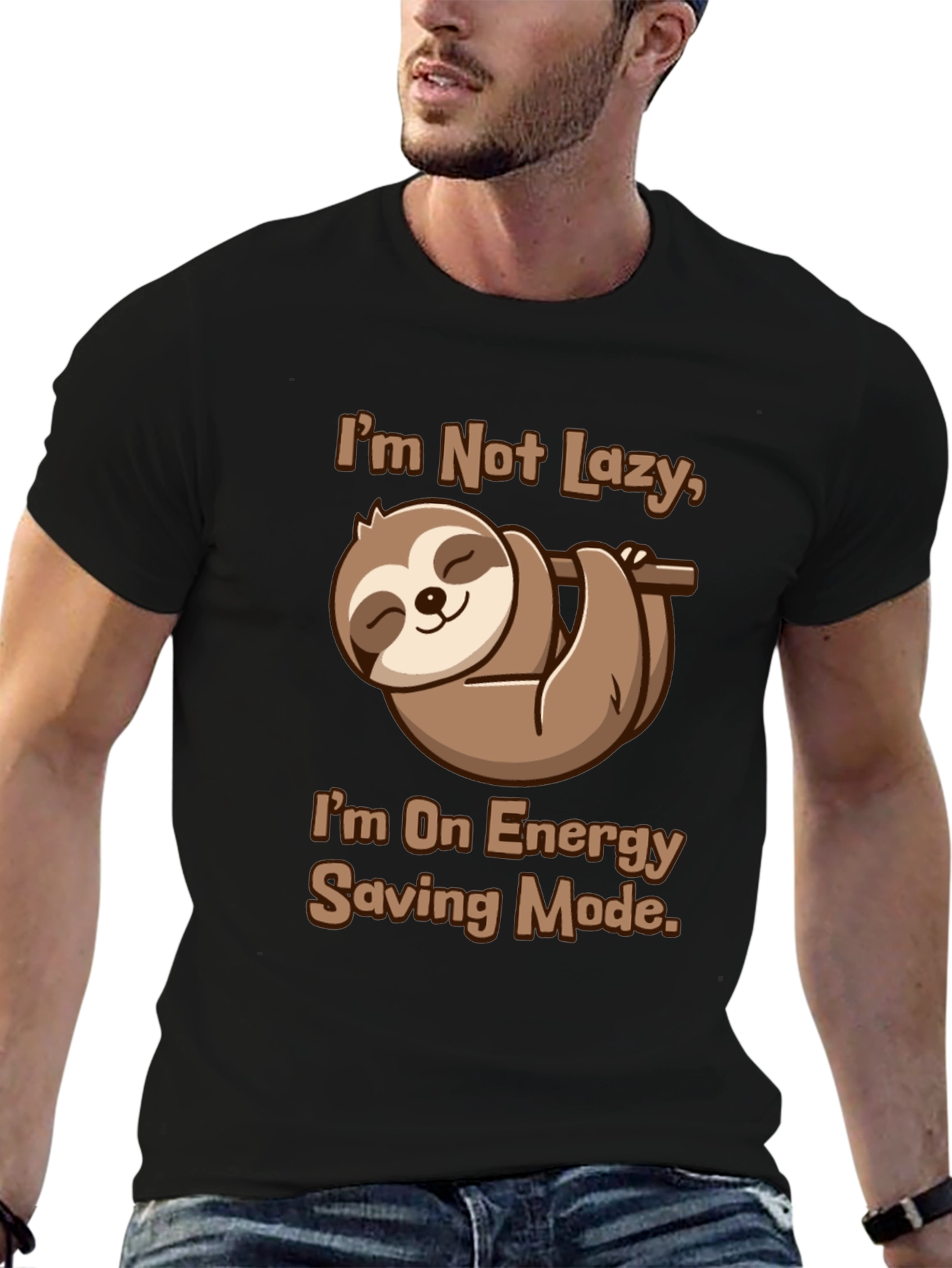 Black Funny Sloth Energy Saving Mode Graphic Tee view 6