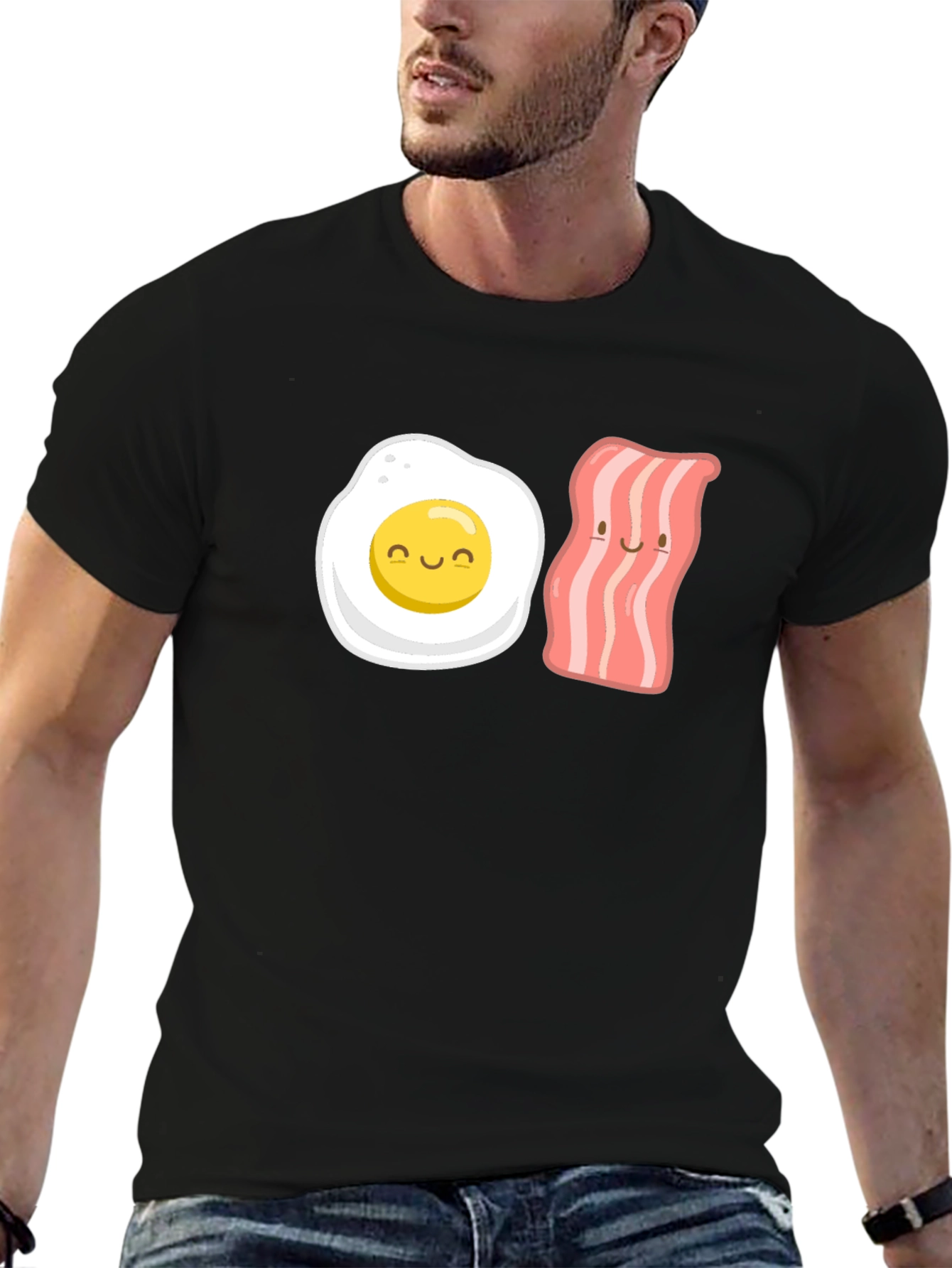 Black Funny Egg & Bacon Cartoon Graphic Tee - Black view 6