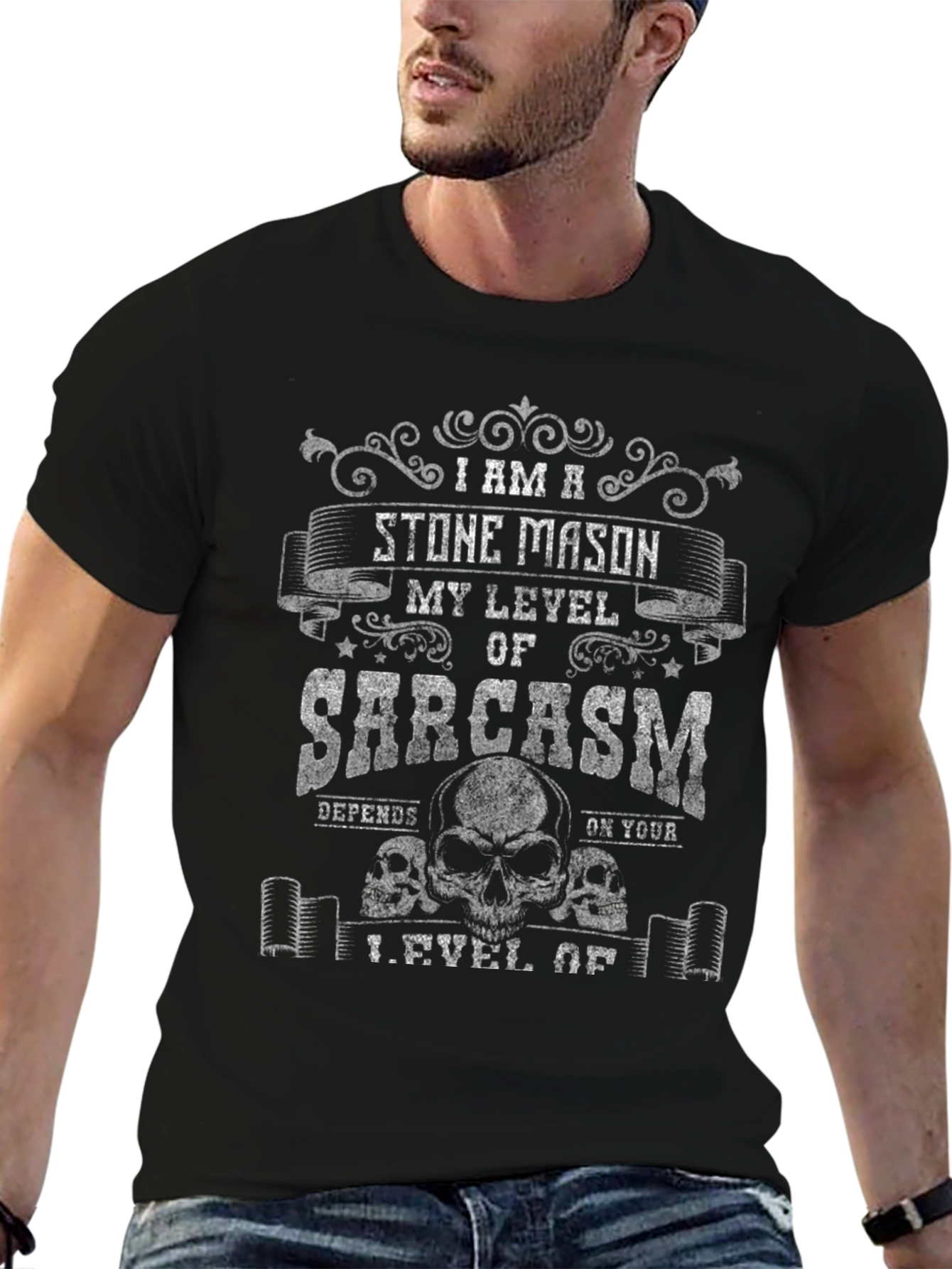 Black Stone Mason Sarcasm T-Shirt Funny Skull Design view 6