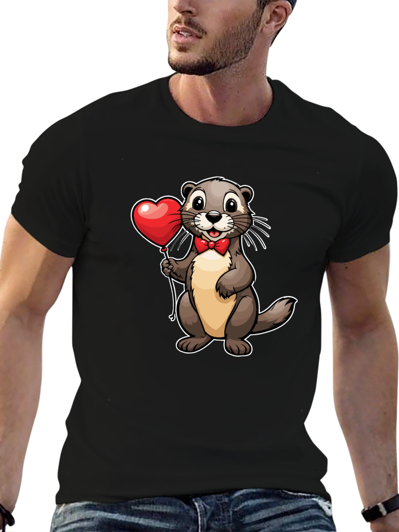 Black Otter with Heart Balloon T-Shirt - Valentine's Day Tee view 6