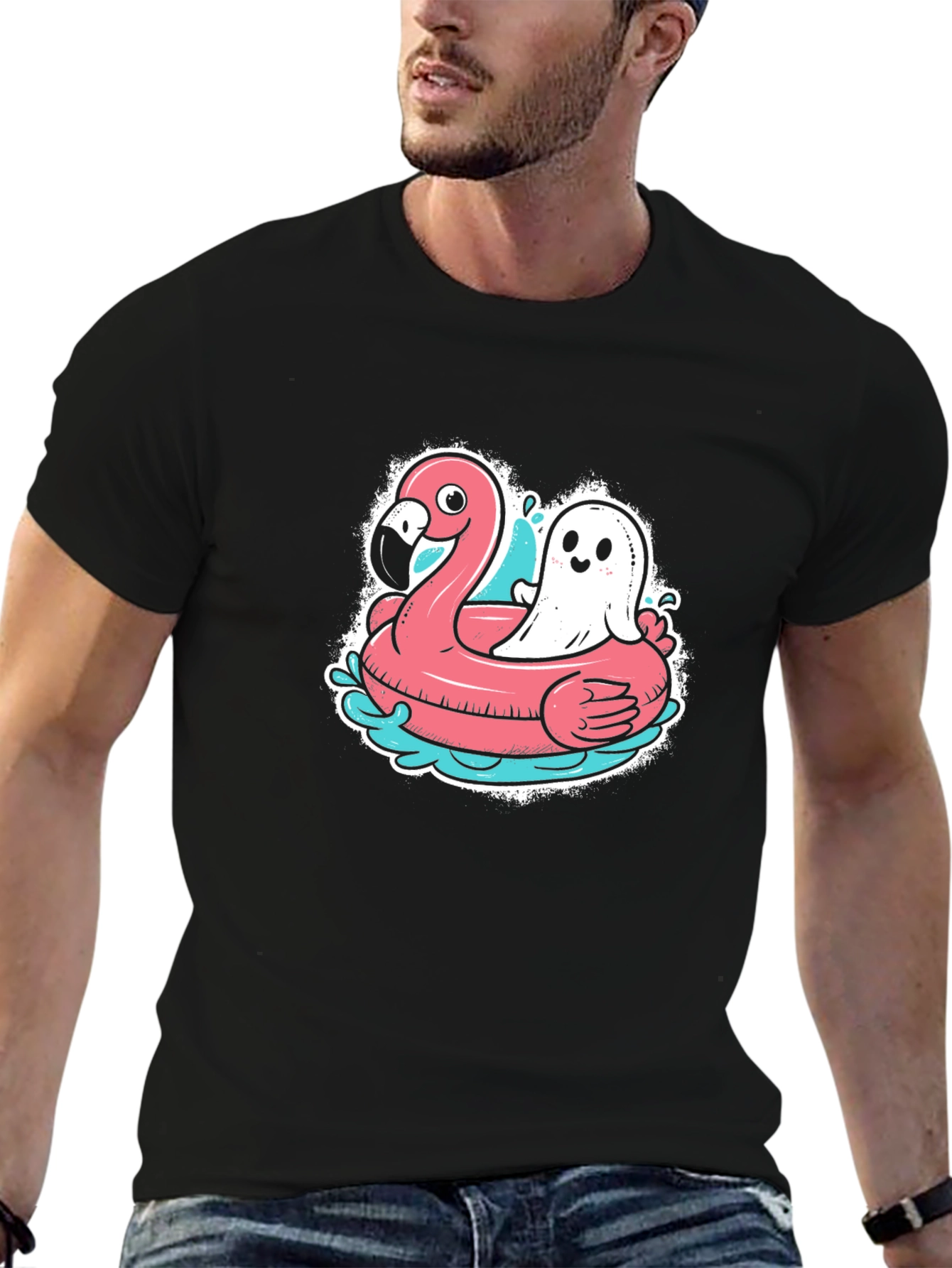 Black Ghost & Flamingo Float T-Shirt - Spooky Summer Vibes! view 6