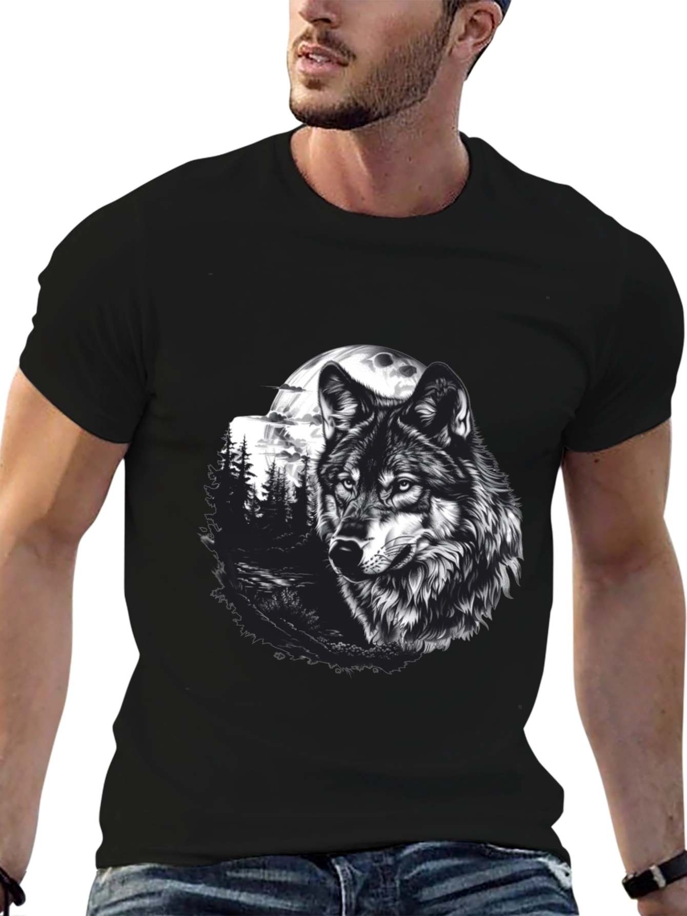 Black Wolf Moon Graphic Tee - Black Cotton T-Shirt view 6