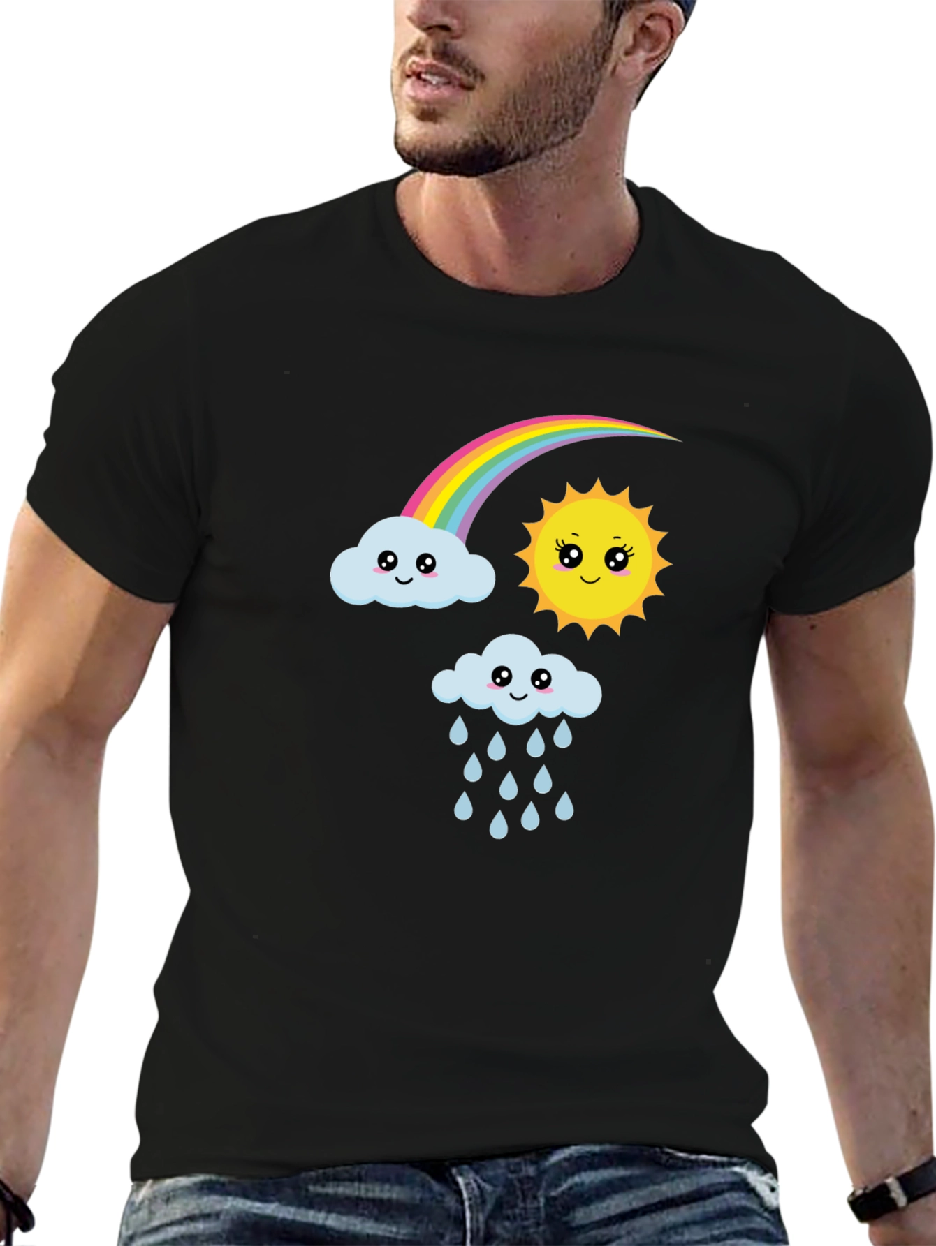 Black Cute Cartoon Weather Graphic Black T-Shirt view 6