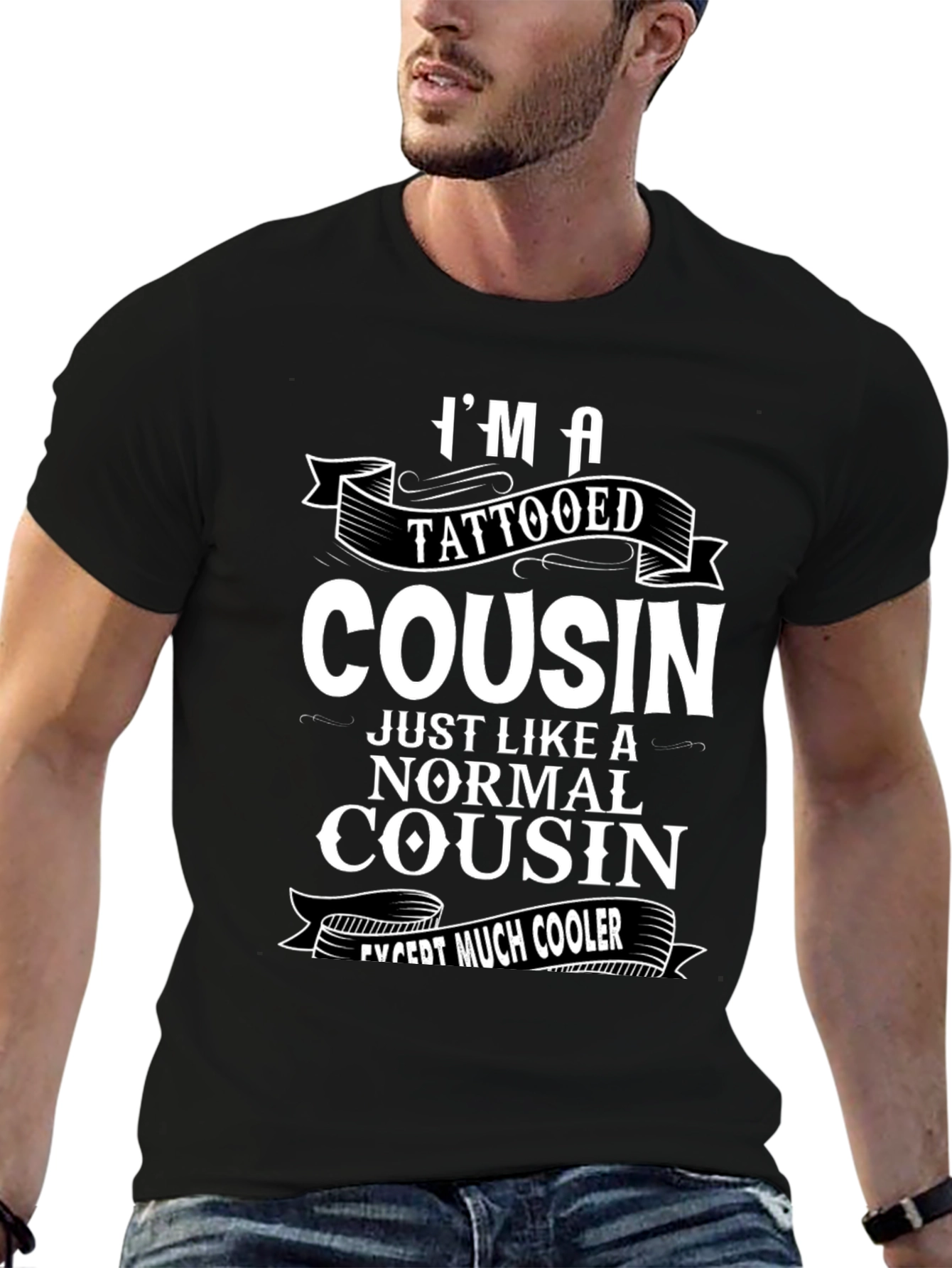 Black Tattooed Cousin Graphic Tee - Cool Family Humor T-Shirt view 6