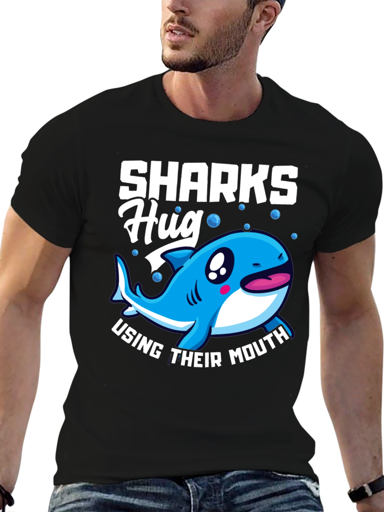 Black Sharks Hug with Their Mouth T-Shirt, Funny Animal Tee view 6