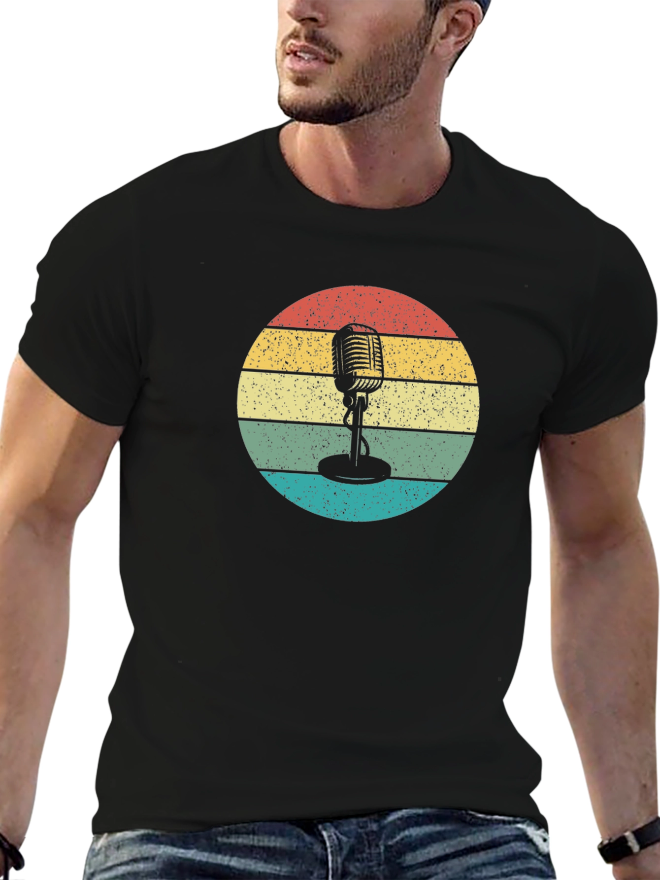 Black Retro Microphone Graphic Tee - Vintage Style Comfort view 6