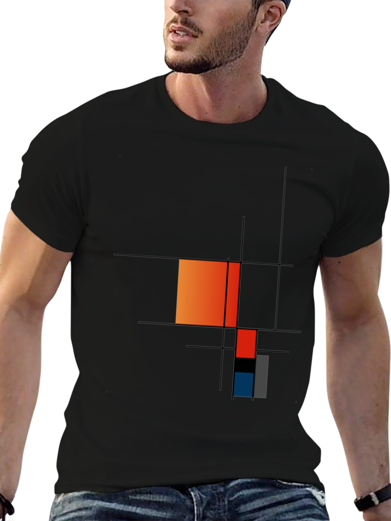 Black Modern Art Graphic Tee - Geometric Mondrian Style view 6