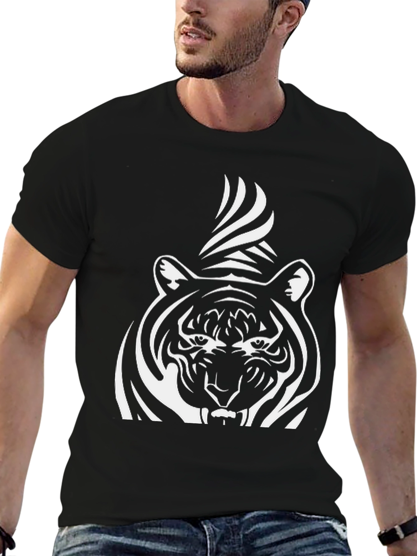 Black Striking Tiger Graphic Tee - Bold Black Cotton Shirt view 6