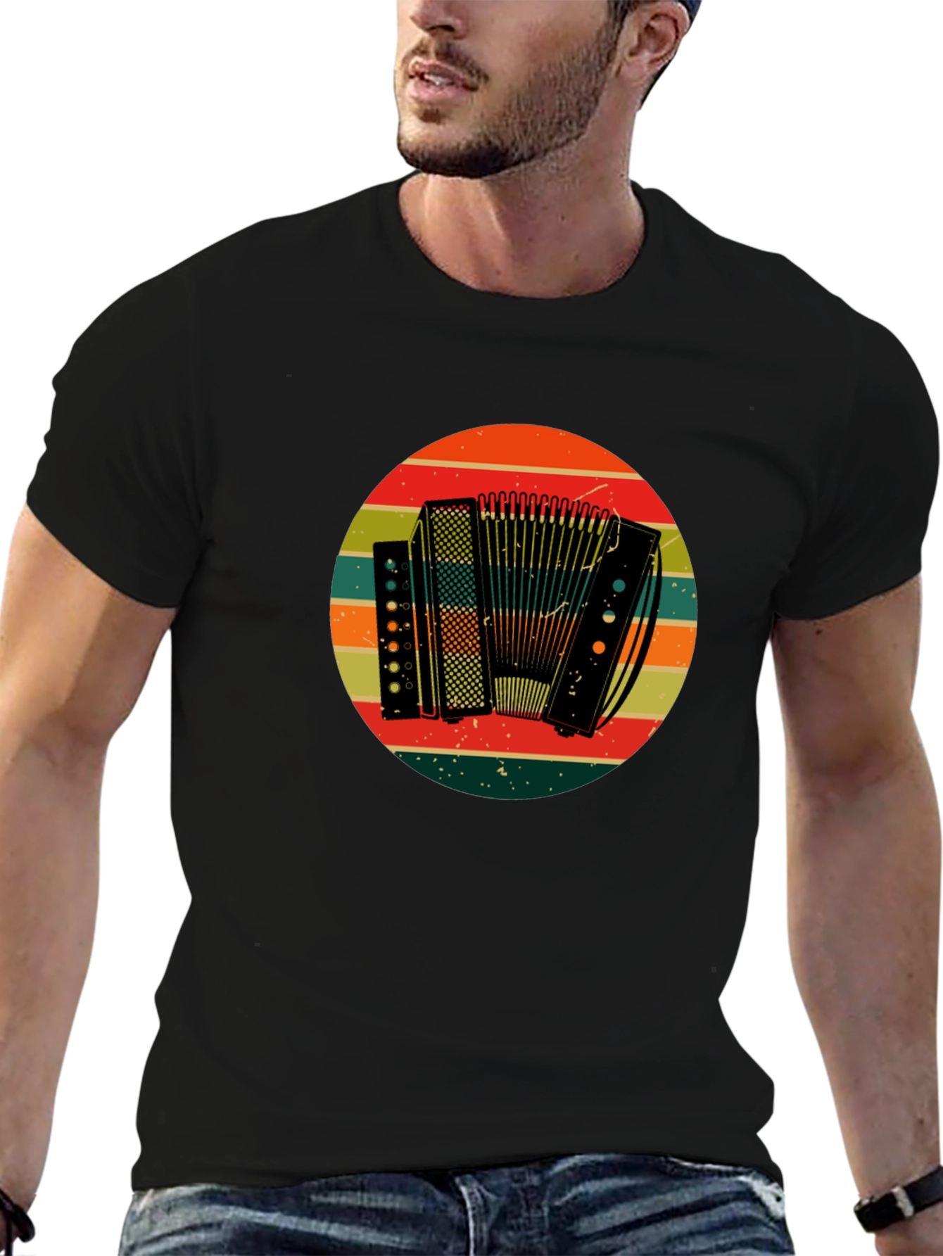 Black Vintage Accordion T-Shirt - Retro Style view 6