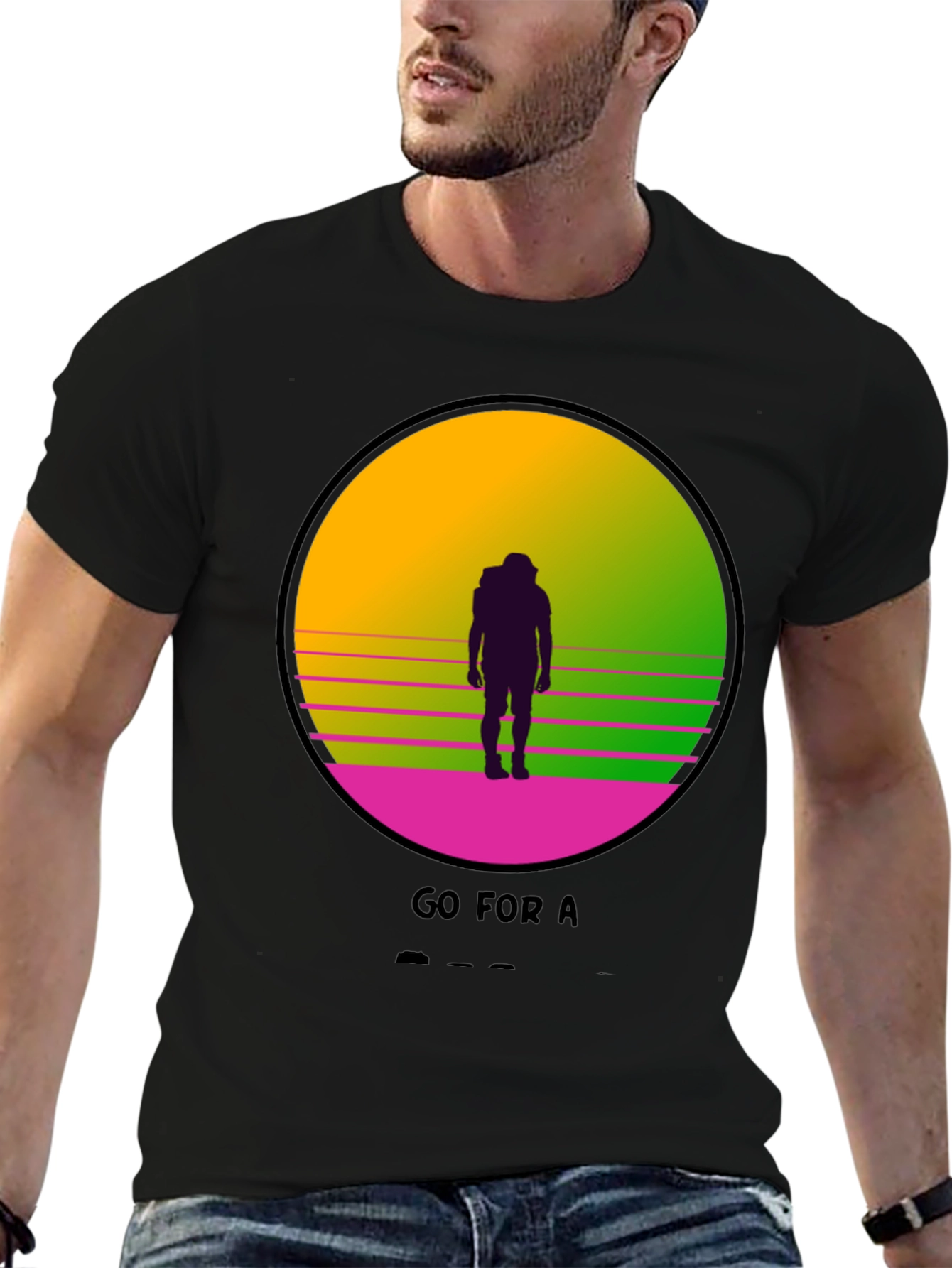 Black Retro Sunset Hiker Graphic T-Shirt view 6