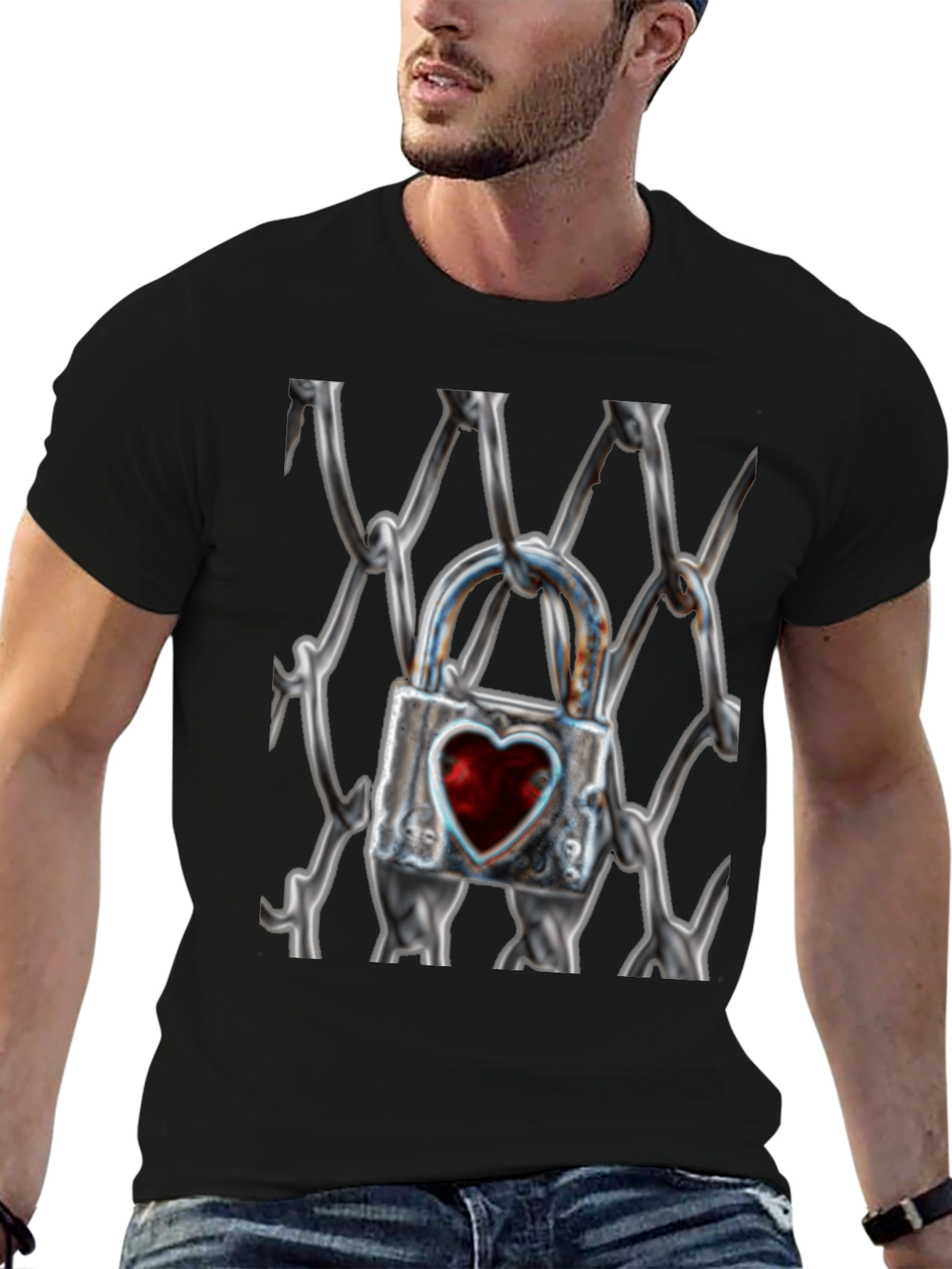 Black Heart Lock on Chains T-Shirt view 6