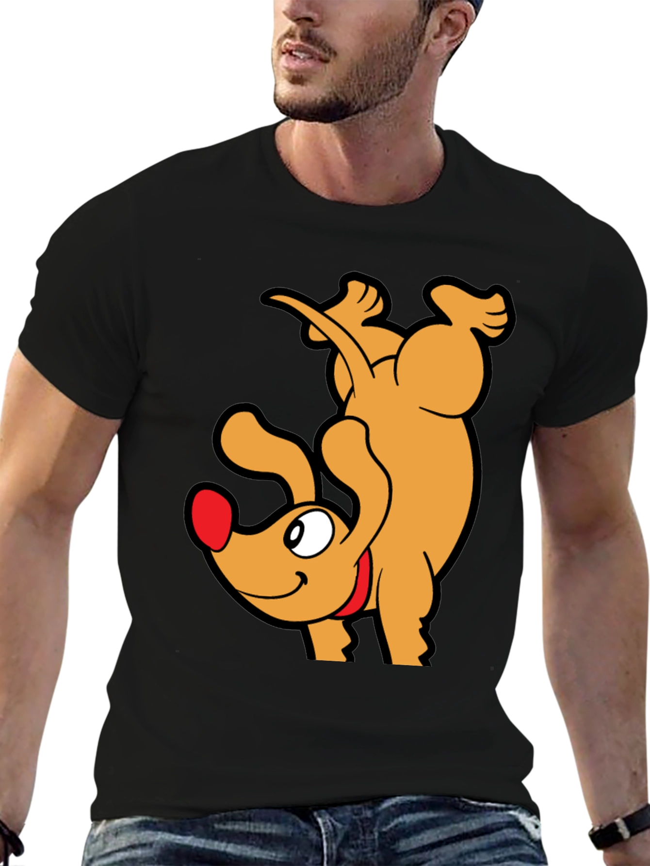 Black Upside Down Dog Cartoon Graphic T-Shirt view 6