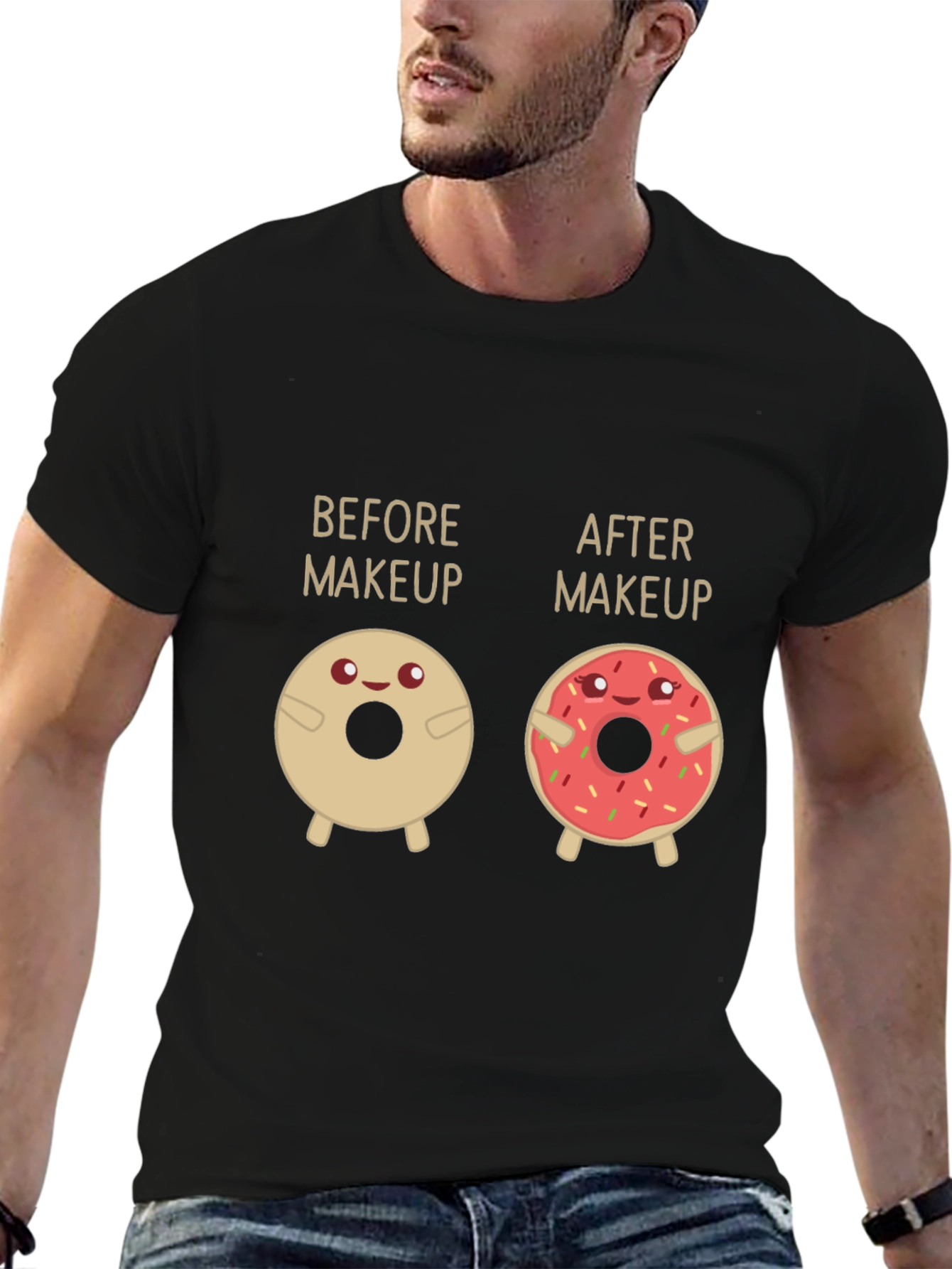 Black Before & After Makeup Donut Funny T-Shirt view 6