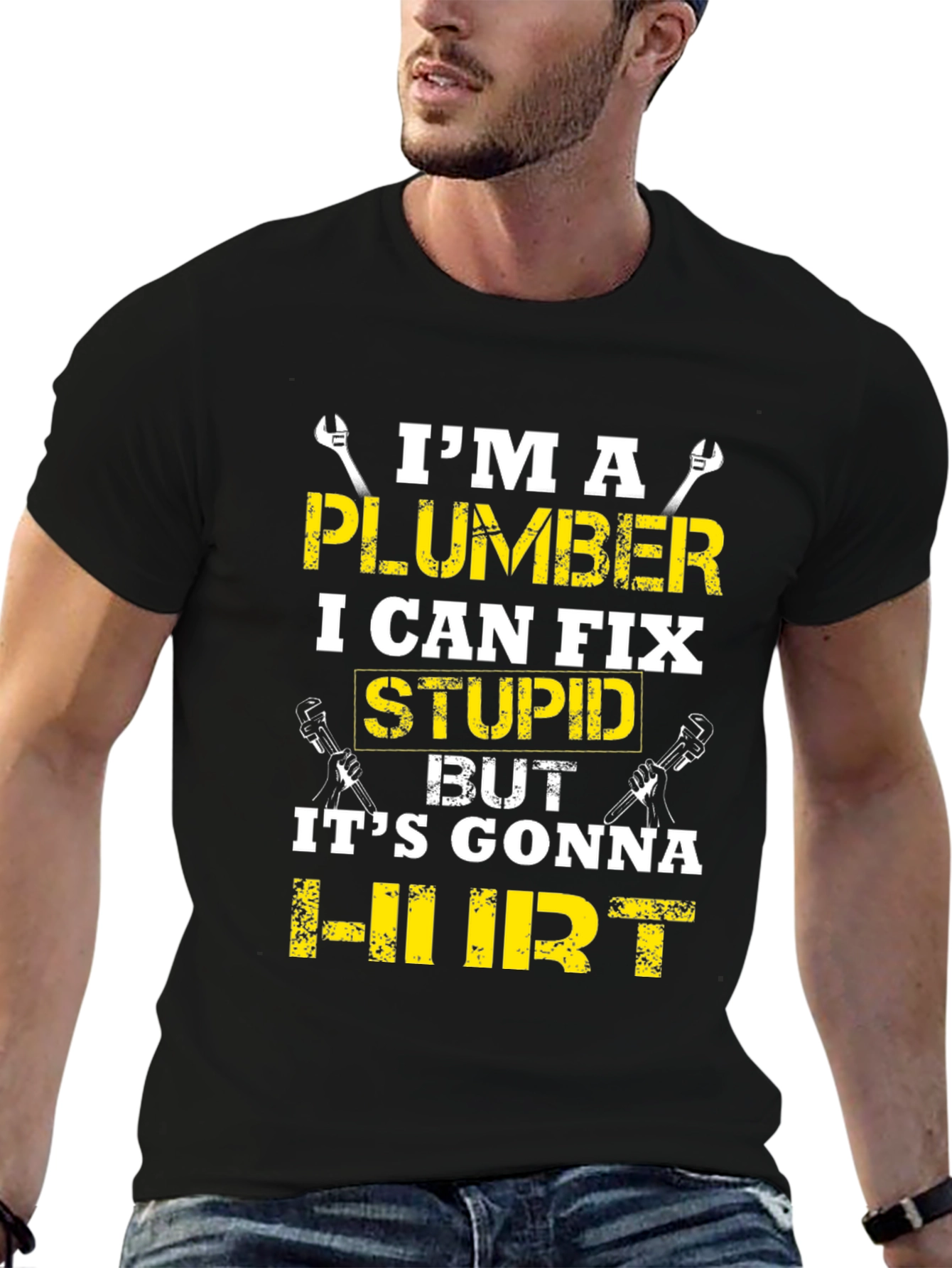 Black Plumber Humor T-Shirt: I Can Fix Stupid view 6